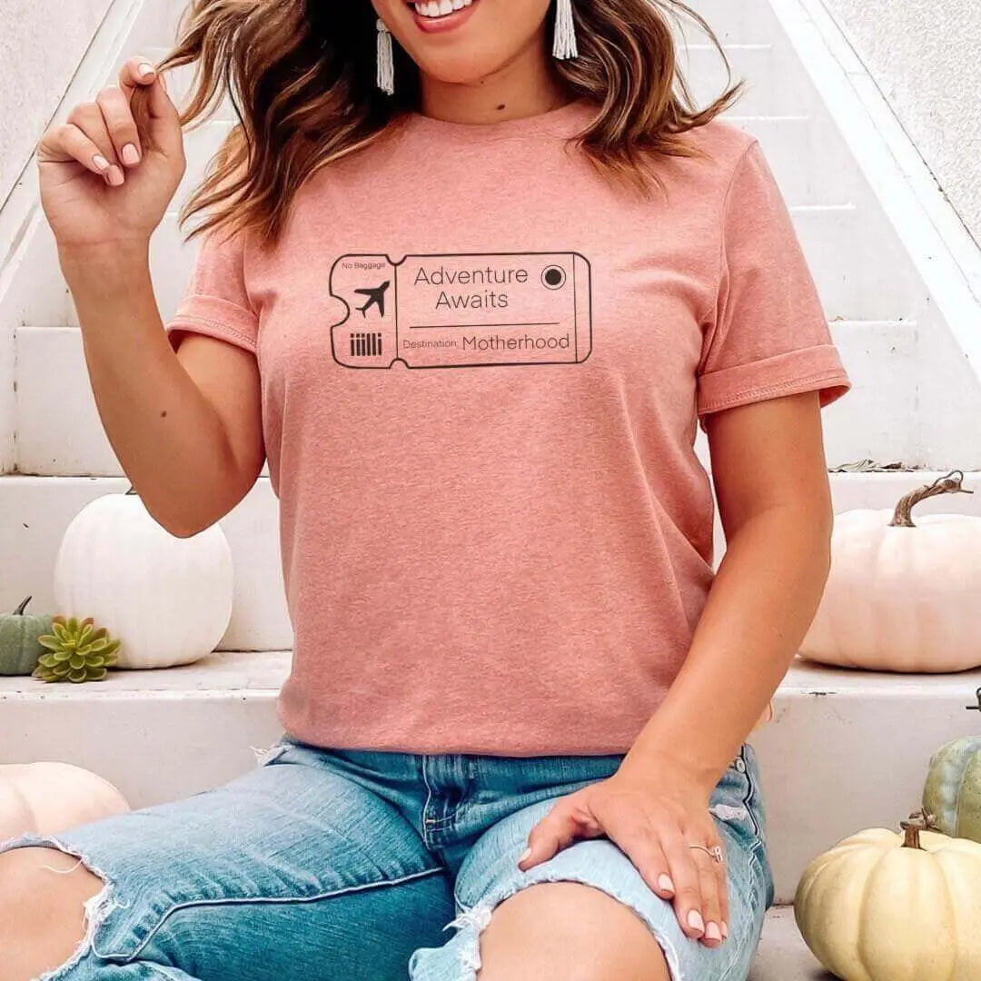 White Adventure Awaits custom shirt by Winks Design Studio, LLC, featuring a stylish design on a soft, comfortable top.