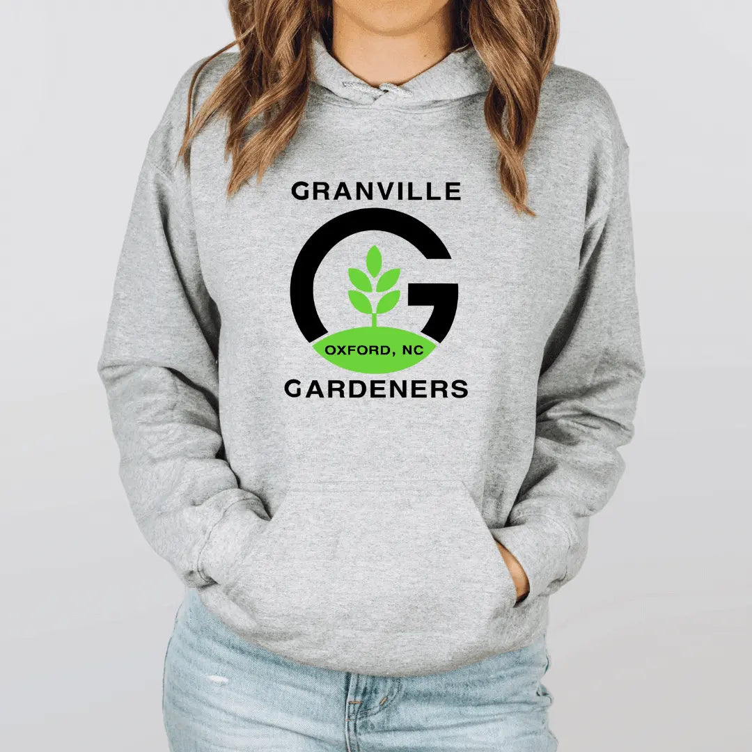White Granville Gardeners Front Pouch Hoodie by Winks Design Studio, LLC, featuring a casual fit and front pouch pocket.