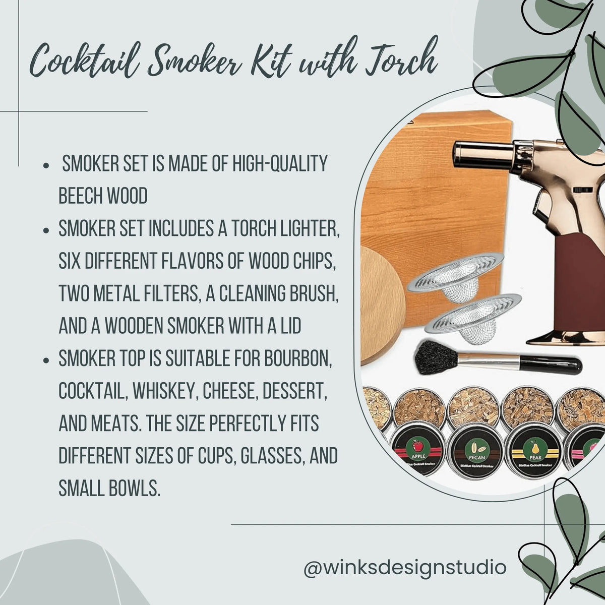 Winks Design Studio LLC Oxford Oaks Distillery Smoker Kit with wood chips and smoking accessories for flavorful food preparation.