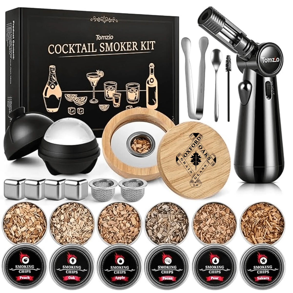 Oxford Oaks Distillery Smoker Kit from Winks Design Studio, LLC, with smoking wood chips, tools, and instructions for home smoking.
