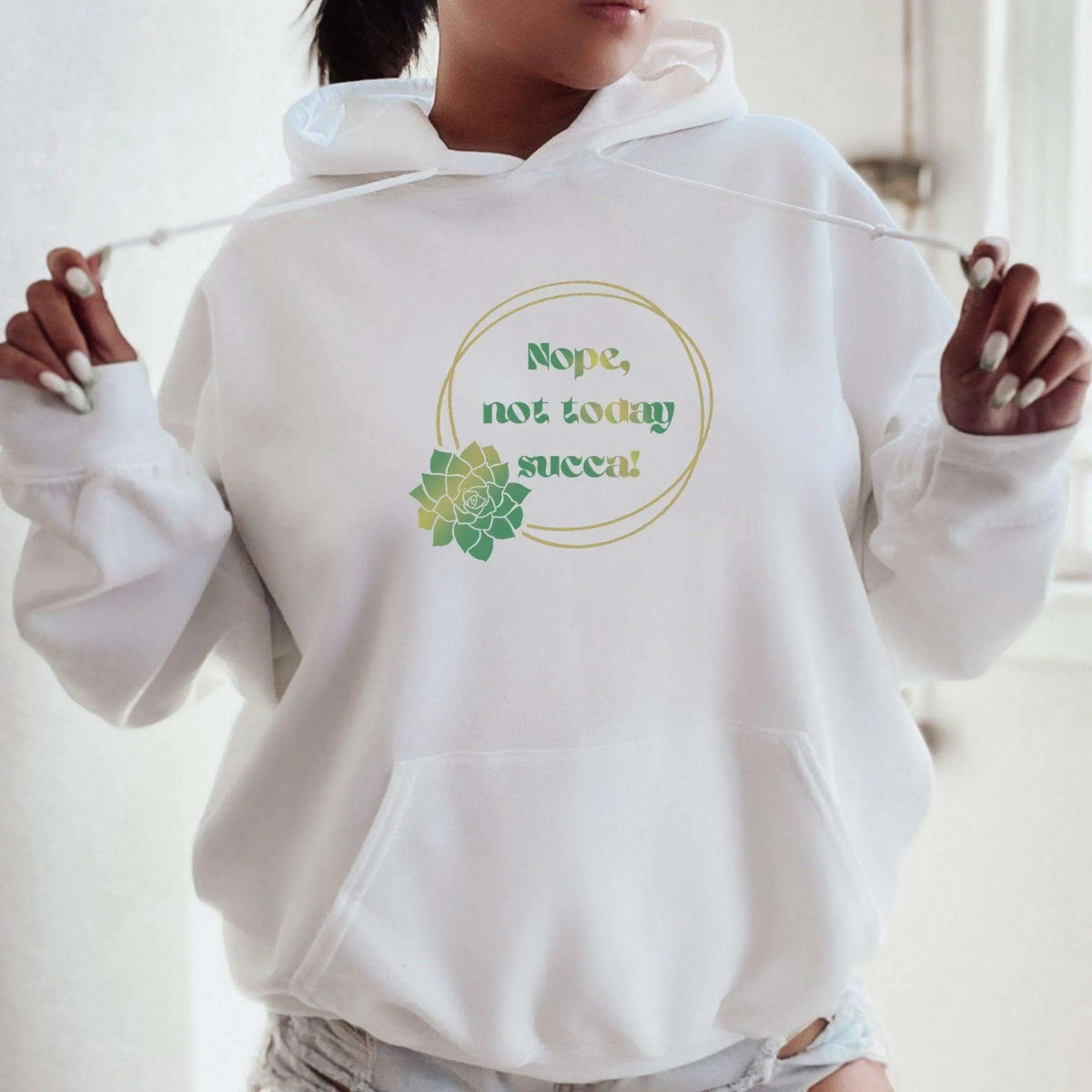 Winks Design Studio LLC Nope Not Today Succa front pouch hoodie, gray sweatshirt with printed design, casual and comfortable fit.