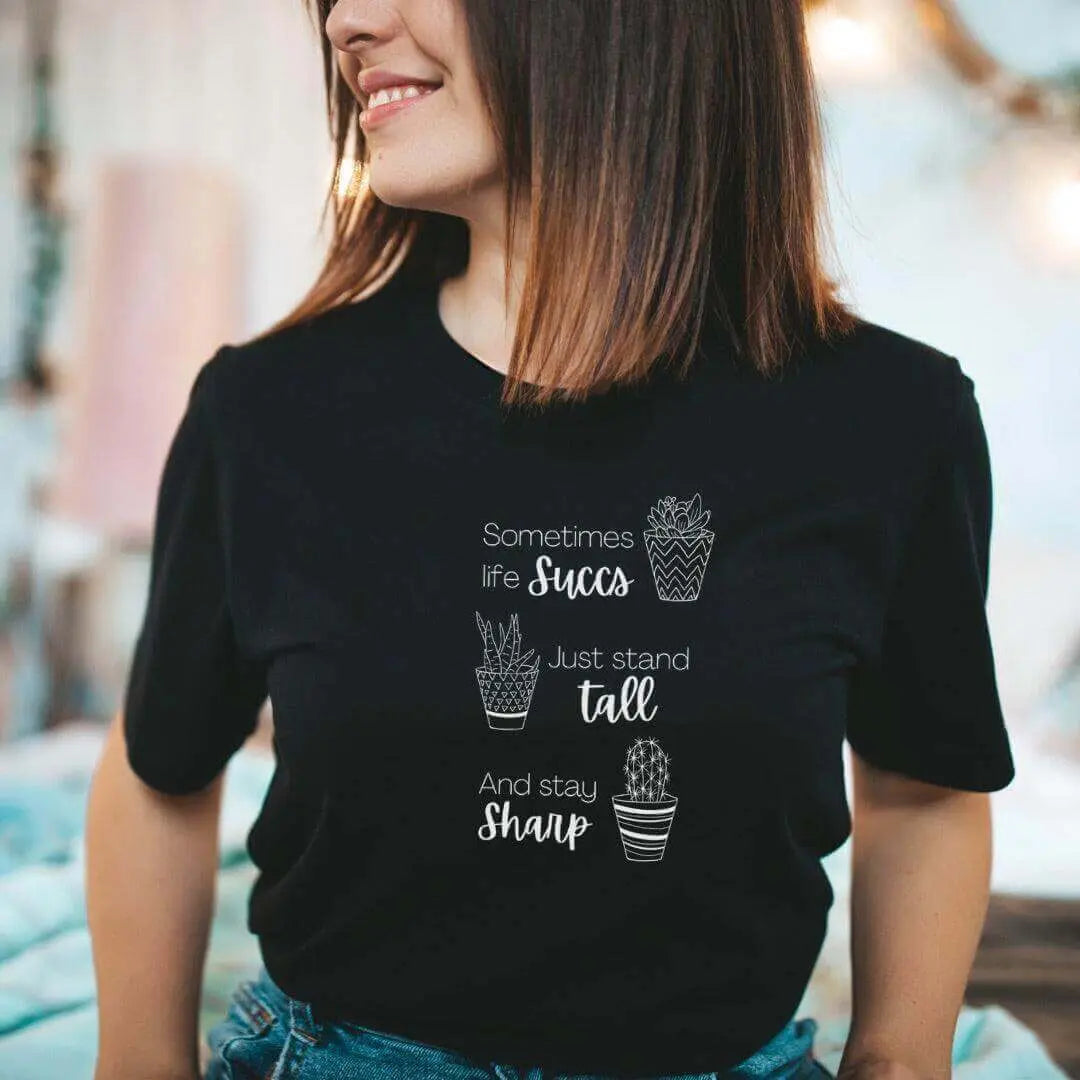 Black Life Succs funny plant T-shirt by Winks Design Studio, LLC featuring a playful plant graphic on the front.