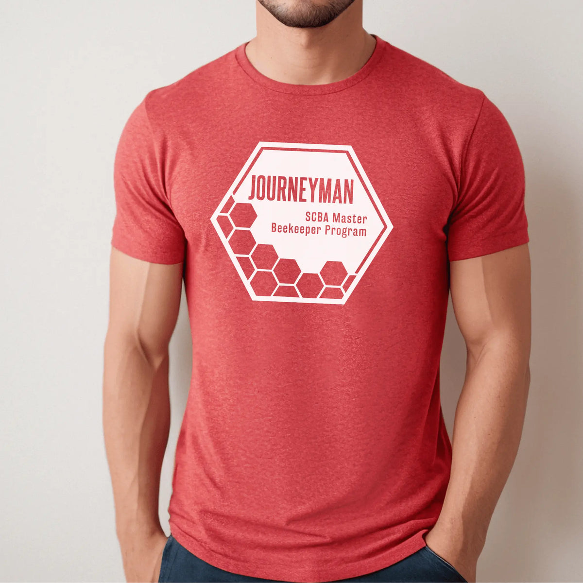 Winks Design Studio LLC SCBA Master Beekeeper Program T-shirt featuring bee and hive graphic, casual fit, white cotton fabric.