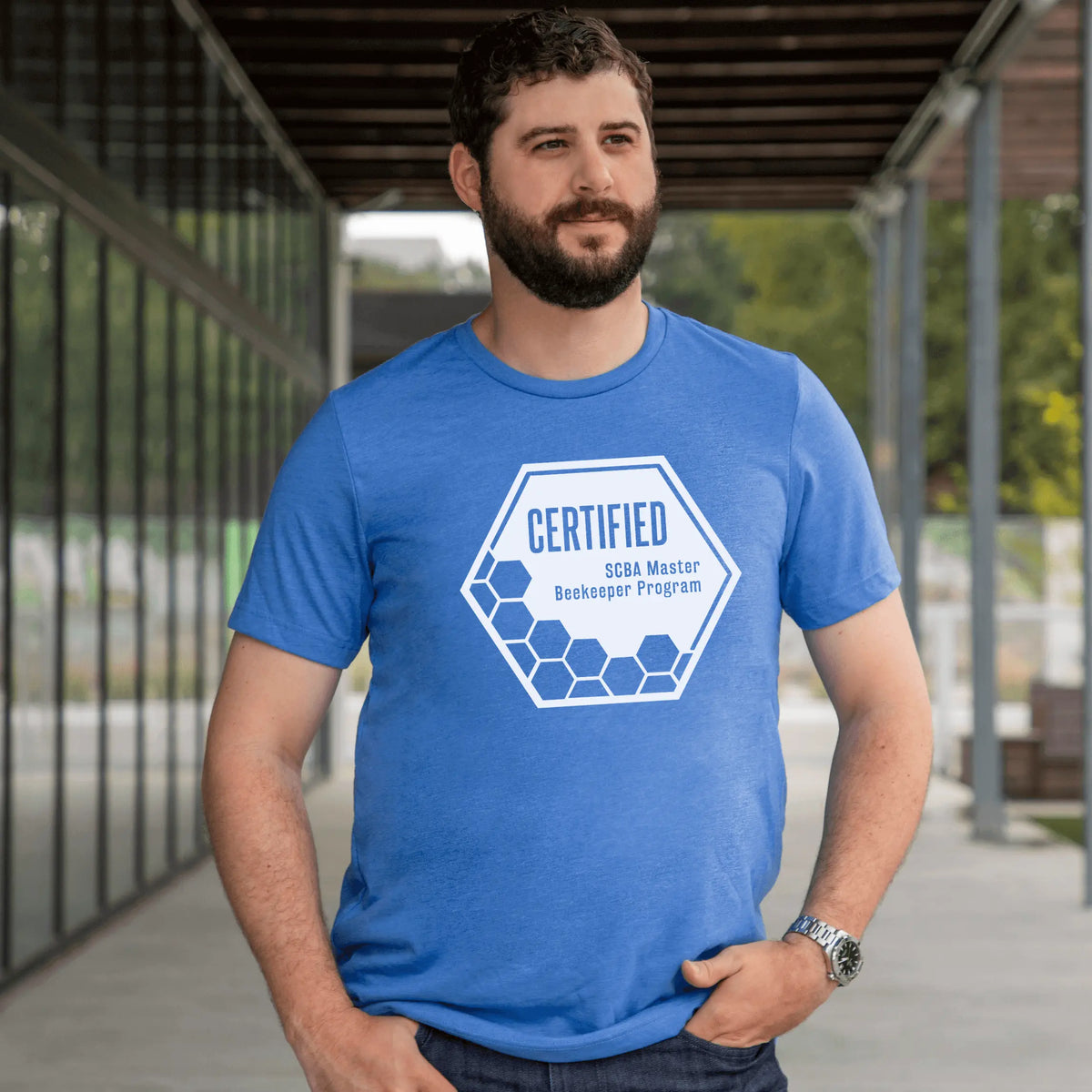 Winks Design Studio LLC SCBA Master Beekeeper Program T-shirt featuring bee and hive graphic, natural fit, comfortable cotton fabric.