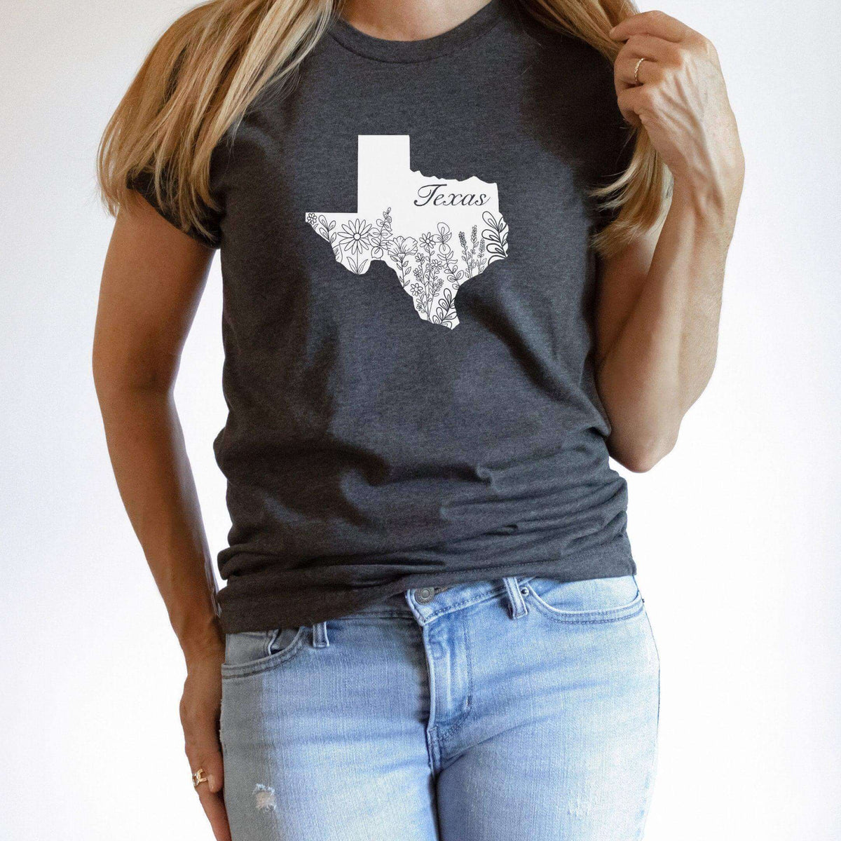 Gray Custom Flower State T-shirt by Winks Design Studio featuring a USA state outline decorated with colorful flowers.