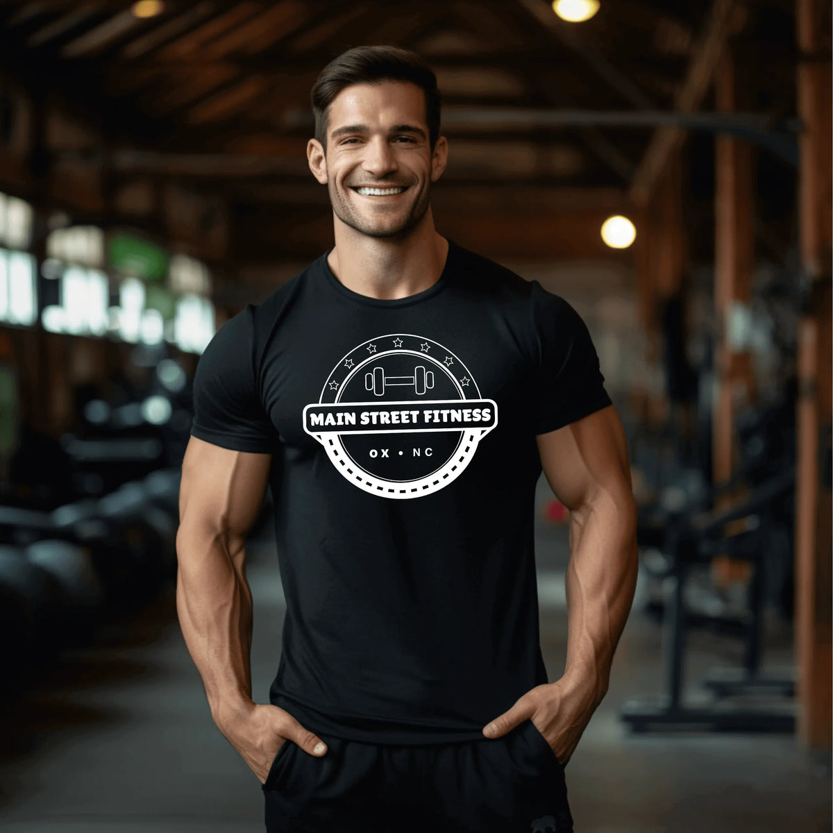 Red Main Street Fitness Dri-Fit T-shirt by Winks Design Studio, LLC, shown in a small size with a comfortable fit.