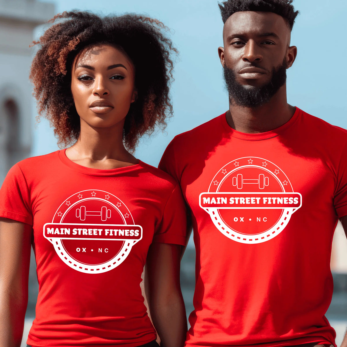 Red Main Street Fitness Dri-Fit T-shirt by Winks Design Studio, LLC, displayed flat showing front design and small size.