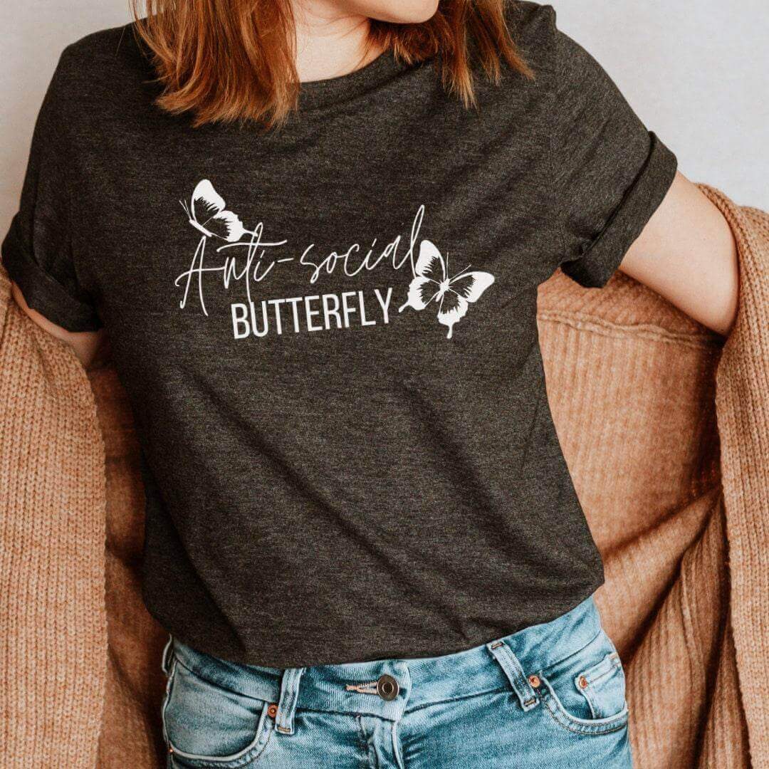 Winks Design Studio LLC anti-social butterfly T-shirt with a graphic butterfly design on a casual cotton T-shirt.