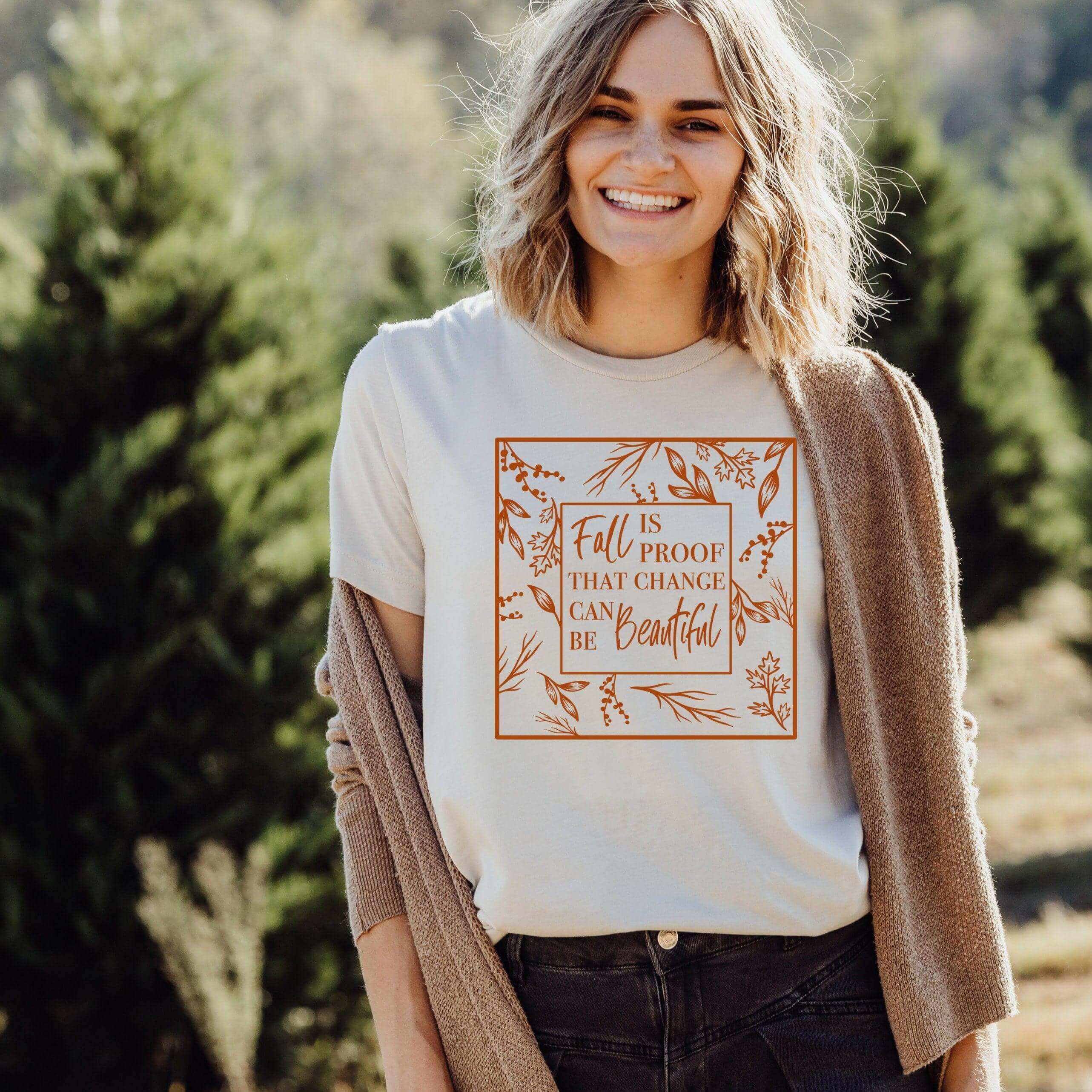 Cute fall T-shirt from Winks Design Studio, featuring the "Change Is Beautiful" design on a soft, comfortable fabric.