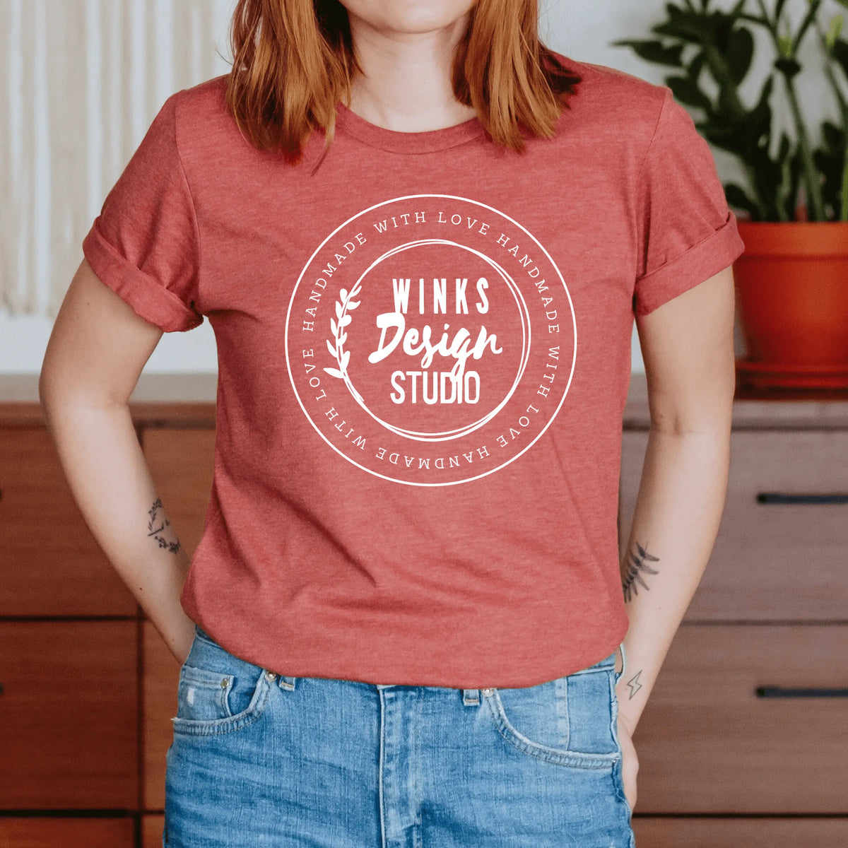 Winks Design Studio LLC WDS Logo short sleeve T-shirt in clay color, featuring a small logo on the front.