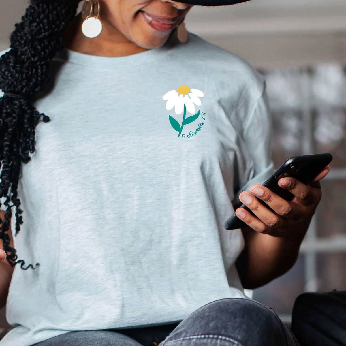 Ecclesiastes 3:11 Daisy T-shirt by Winks Design Studio, LLC, featuring a floral design and biblical verse on a casual cotton tee.