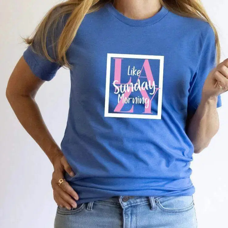 Winks Design Studio LLC Lazy Like Sunday Morning T-shirt in small size, casual cotton T-shirt with relaxed fit and printed design.