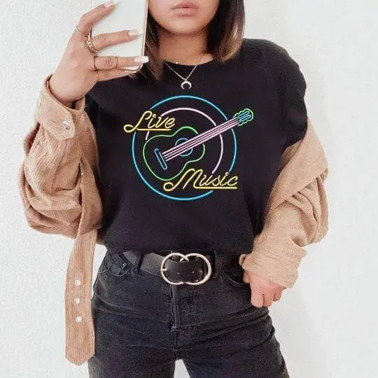 Winks Design Studio LLC Live Music Neon Sign T-shirt, black short-sleeve with colorful neon music sign graphic.