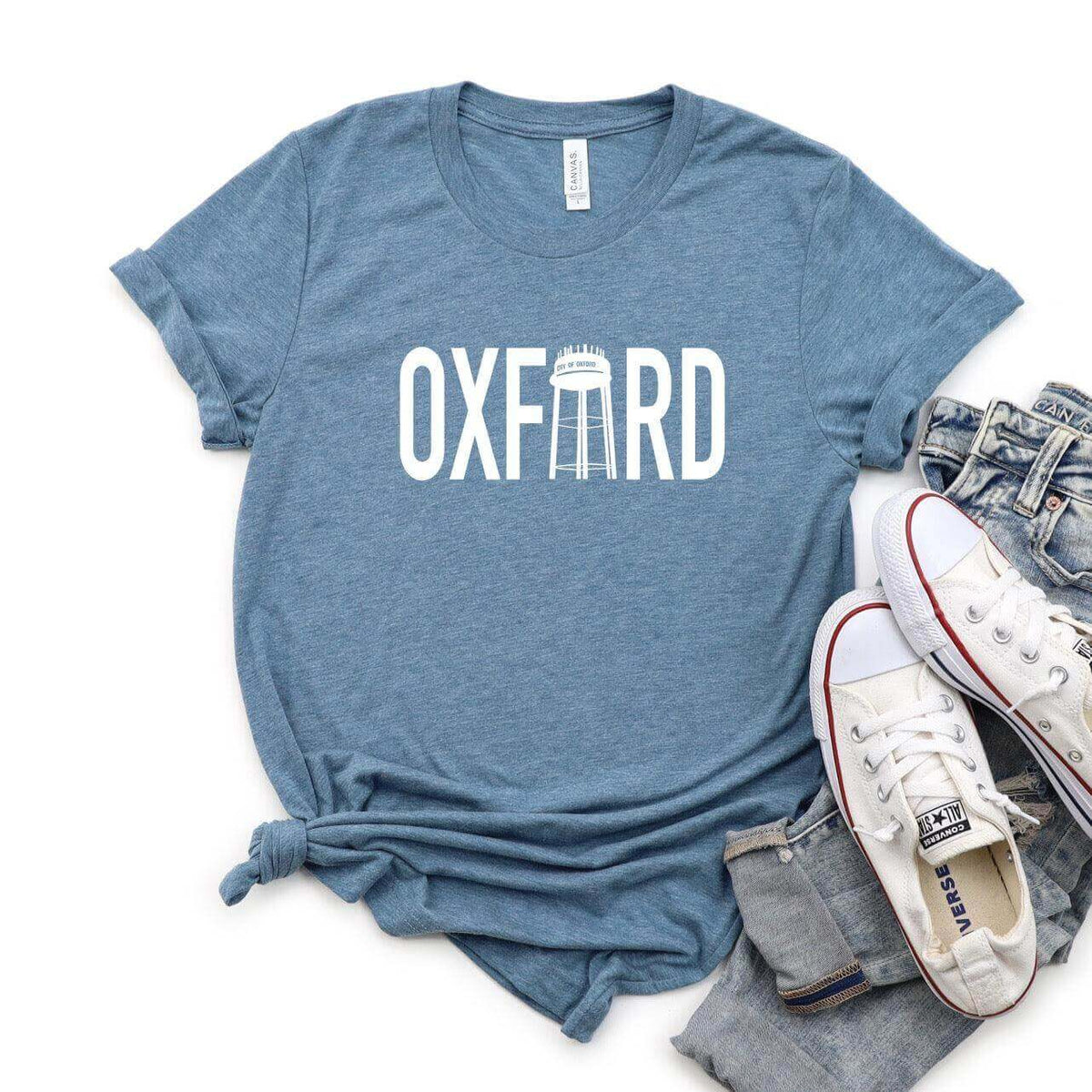 Winks Design Studio LLC Oxford Water Tower T-shirt featuring a casual design with water tower graphic on soft fabric.