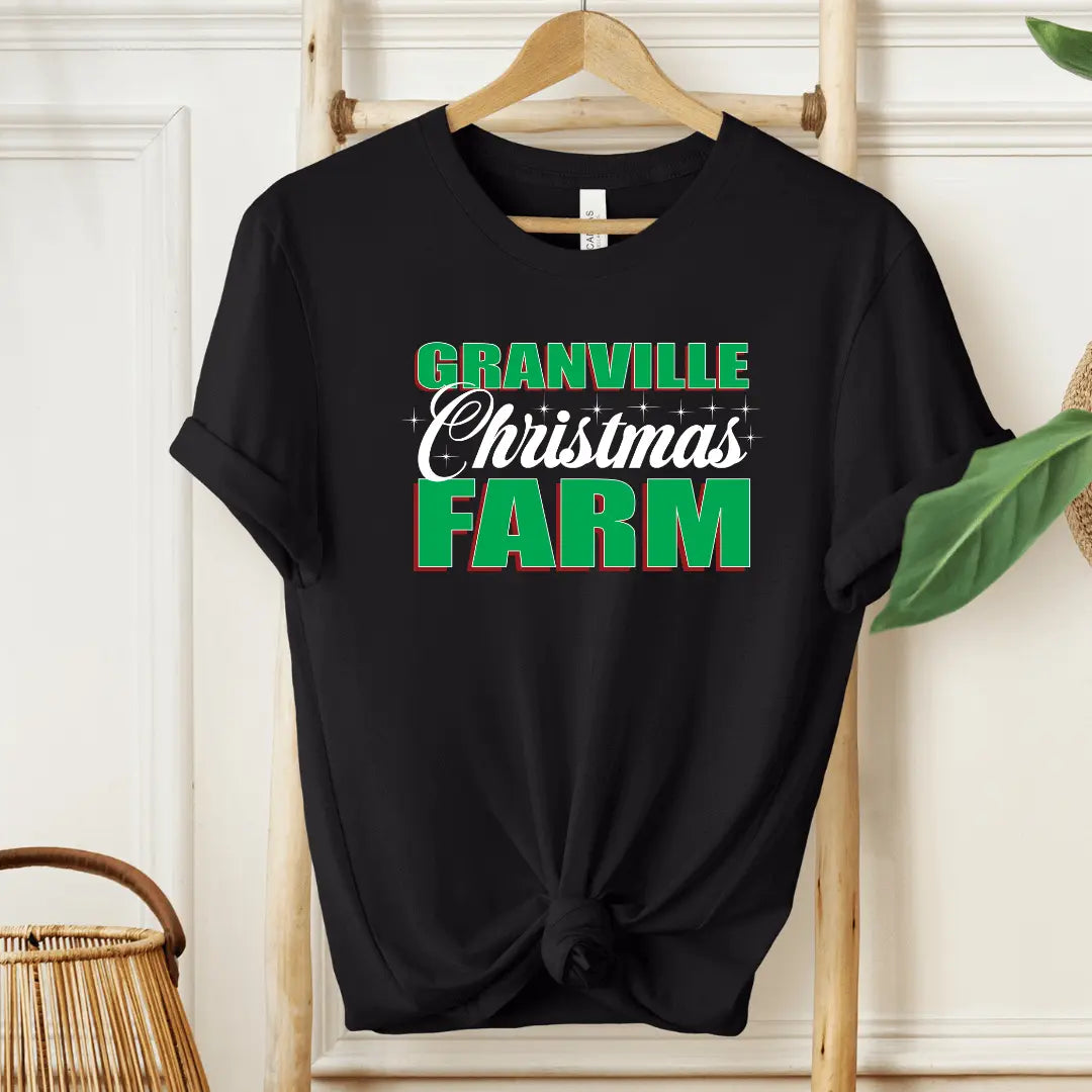Red Granville Christmas Farm T-shirt by Winks Design Studio, LLC featuring festive farm graphic on soft cotton fabric.