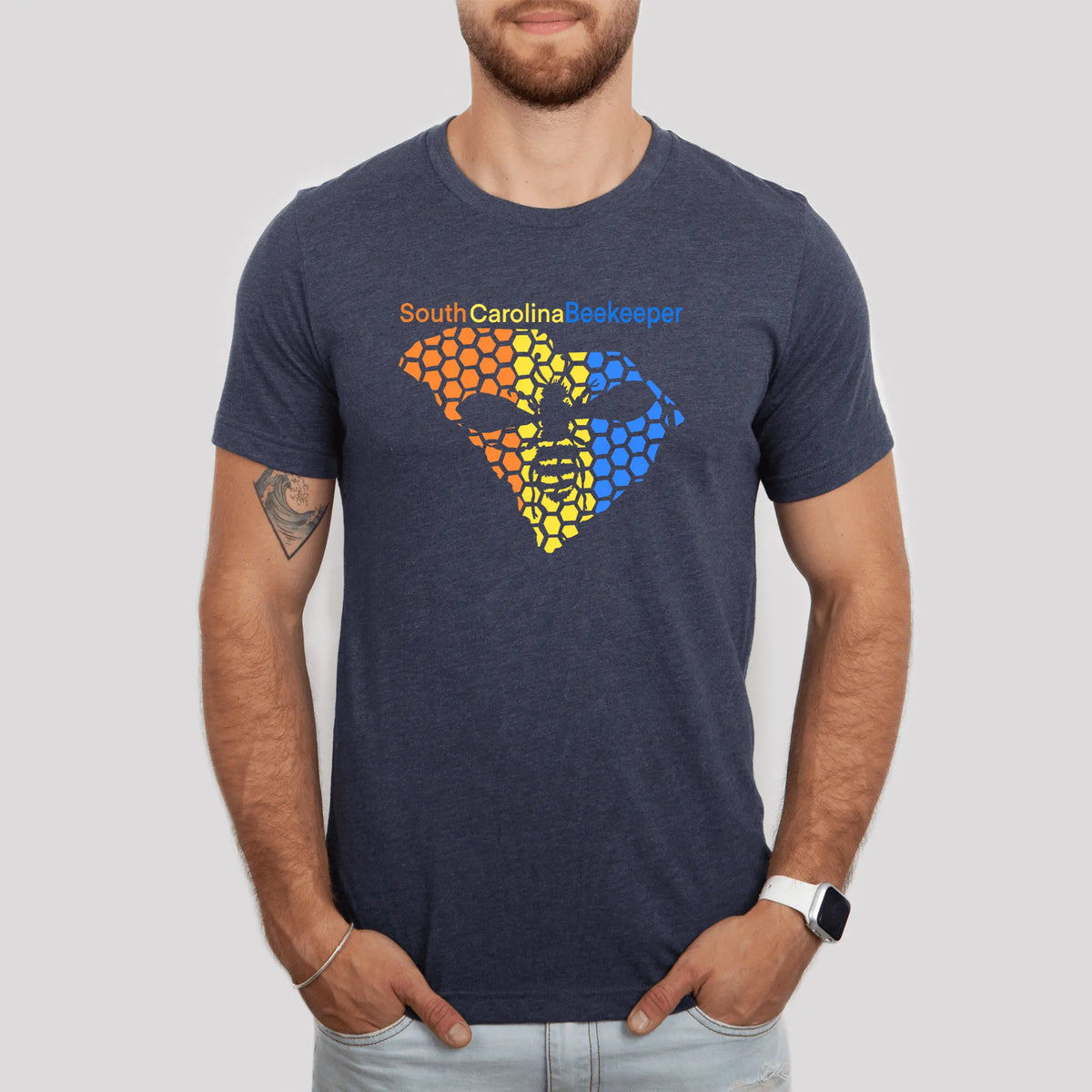 South Carolina Beekeeper T-shirt by Winks Design Studio, LLC featuring bee and hive graphic on a casual cotton T-shirt.