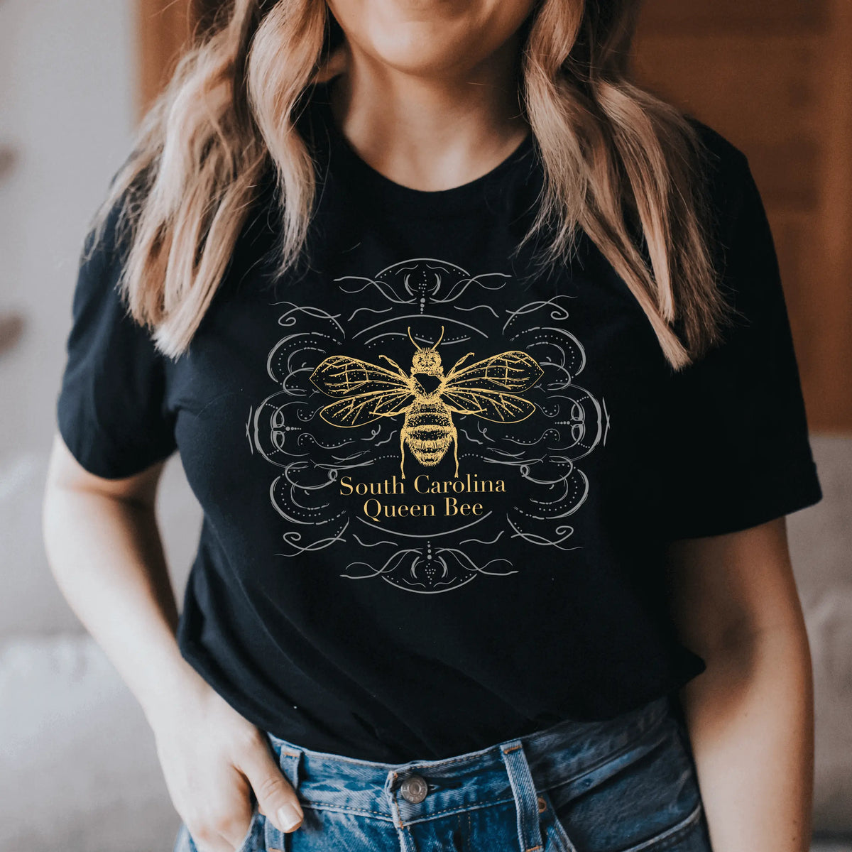South Carolina Queen Bee T-shirt by Winks Design Studio, LLC featuring a vibrant bee graphic on a casual T-shirt.
