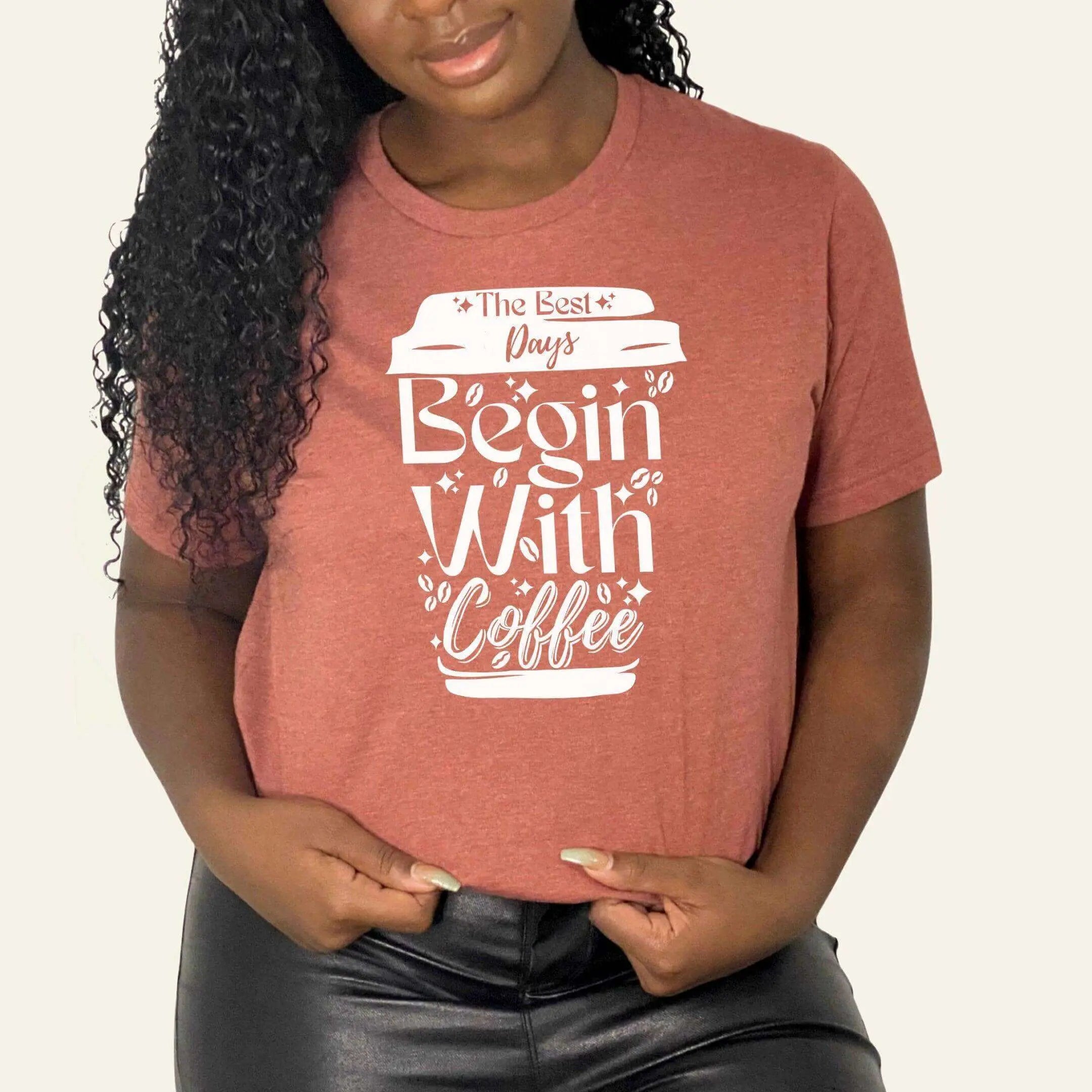 Winks Design Studio LLC T-shirt featuring a "The Best Days Begin With Coffee" graphic design, casual cotton tee for coffee lovers.