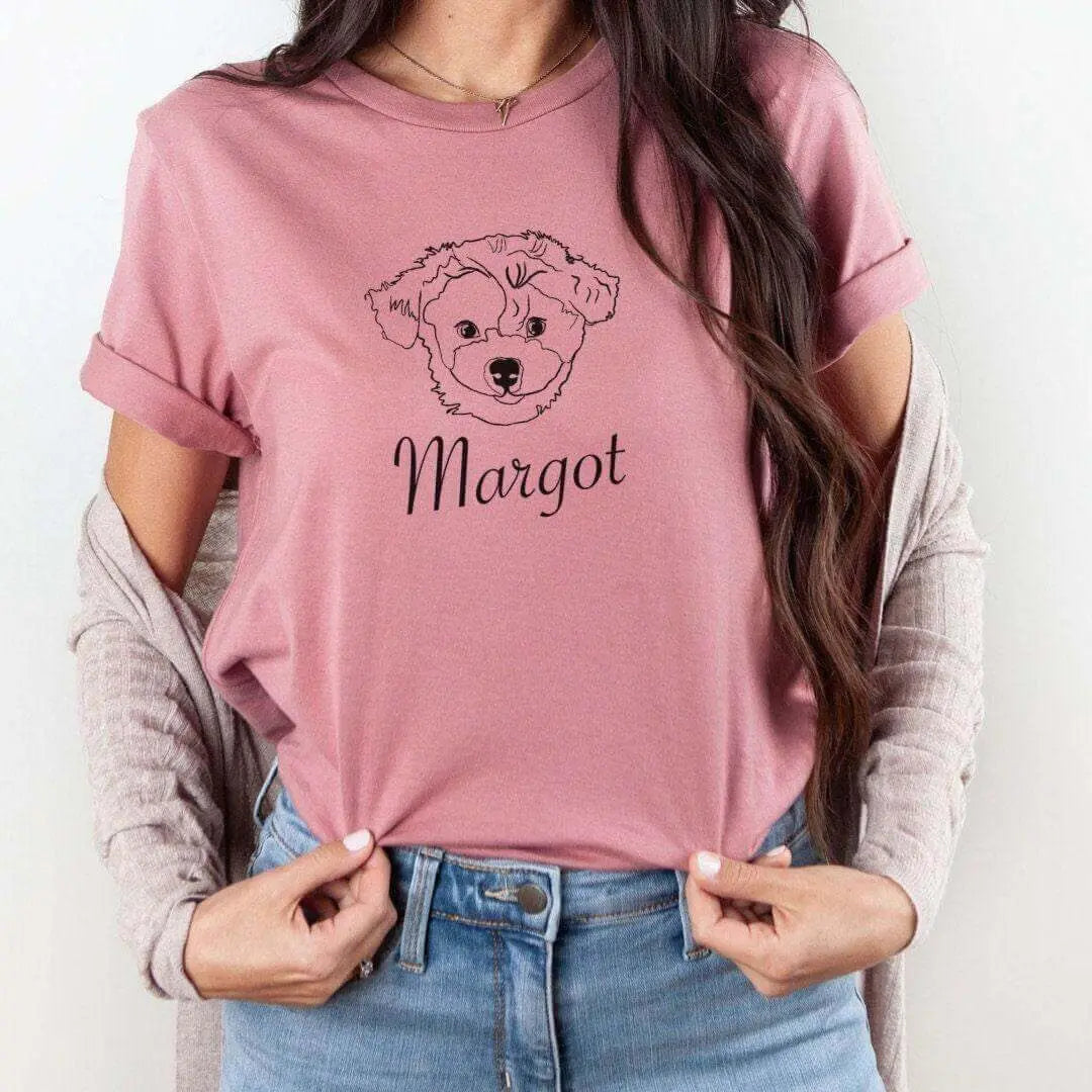 White Custom Pet Portrait T-shirt by Winks Design Studio featuring a detailed illustration of a pet on the front.