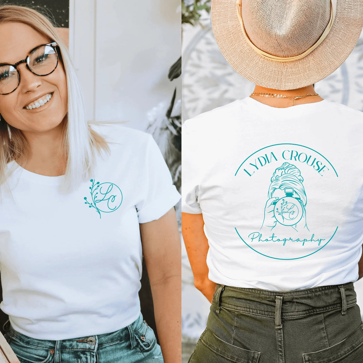 White Lydia Crouse pocket logo short sleeve T-shirt by Winks Design Studio, LLC, featuring a small chest pocket and casual fit.