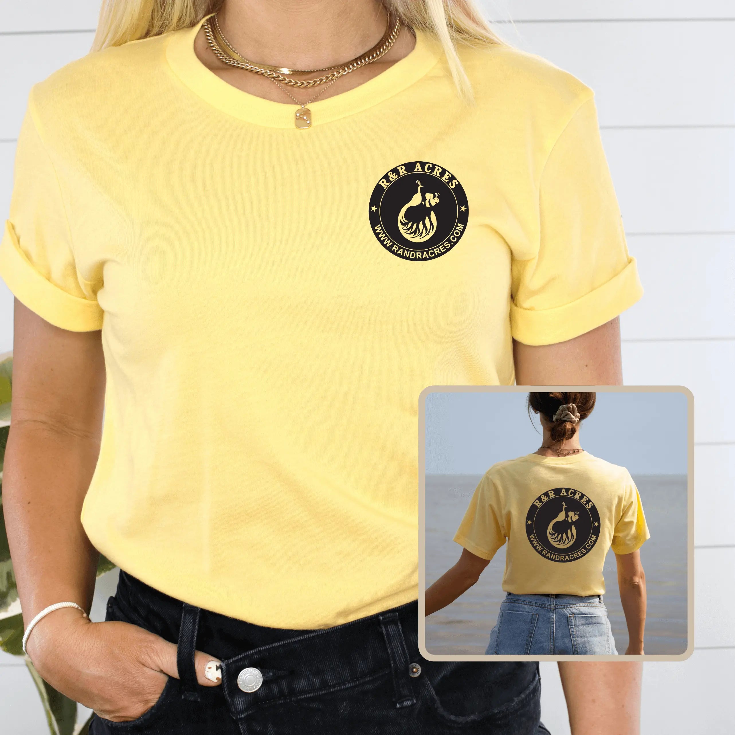 White R & R short sleeve T-shirt with pocket and full back design by Winks Design Studio, LLC.