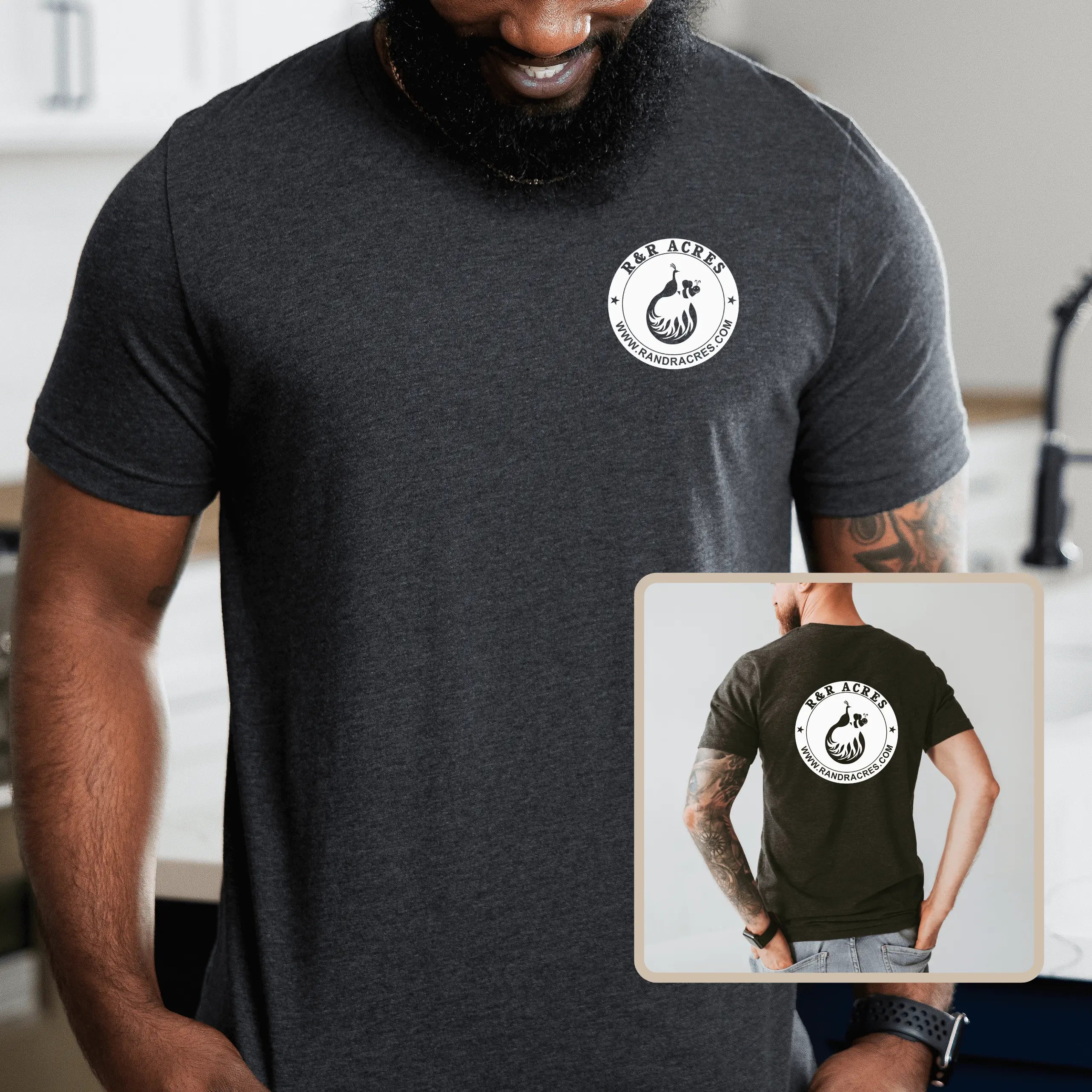 White R & R short sleeve T-shirt by Winks Design Studio with front pocket and full back design, casual and stylish.