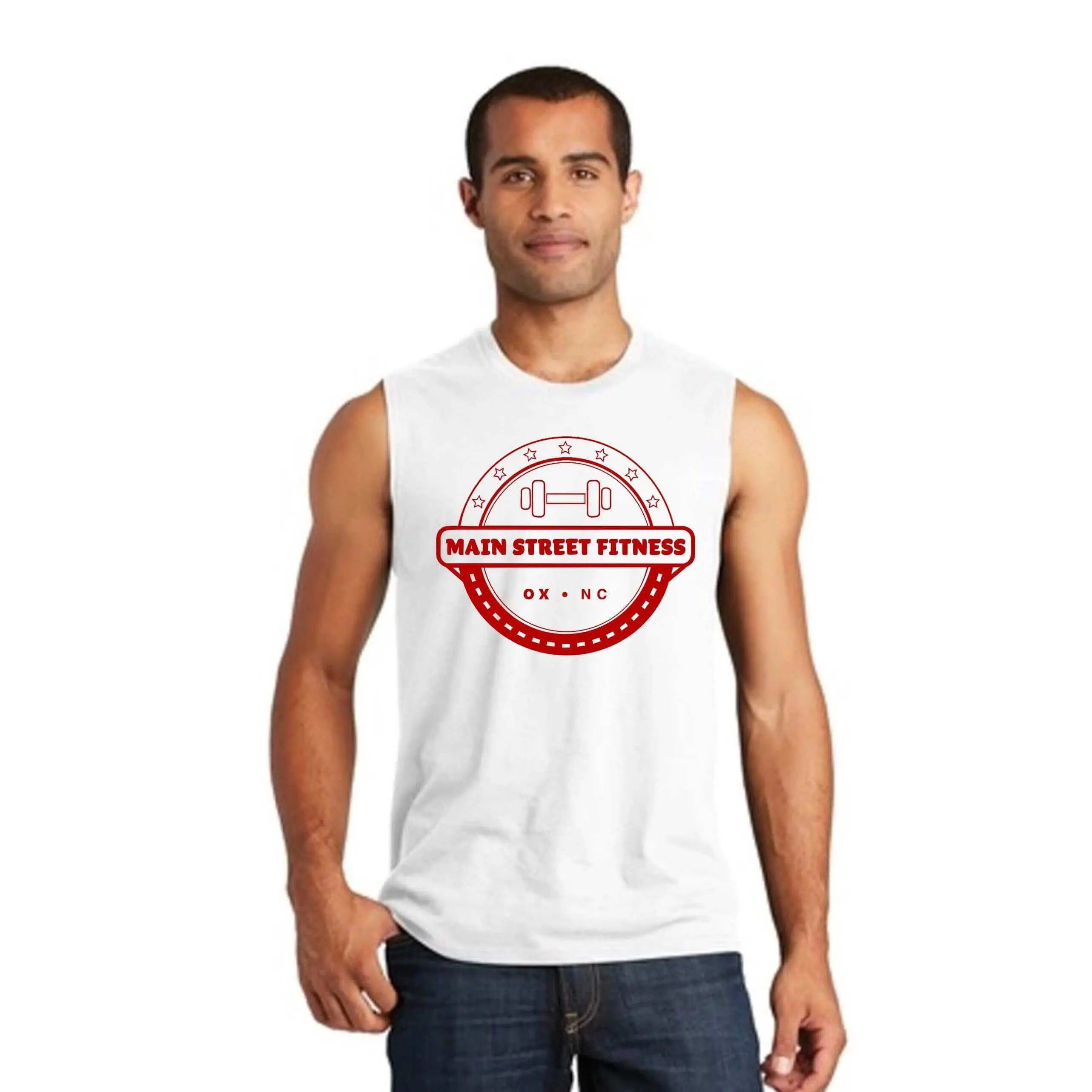 White Main Street Fitness Tank top by Winks Design Studio, LLC, shown on a small-sized mannequin.