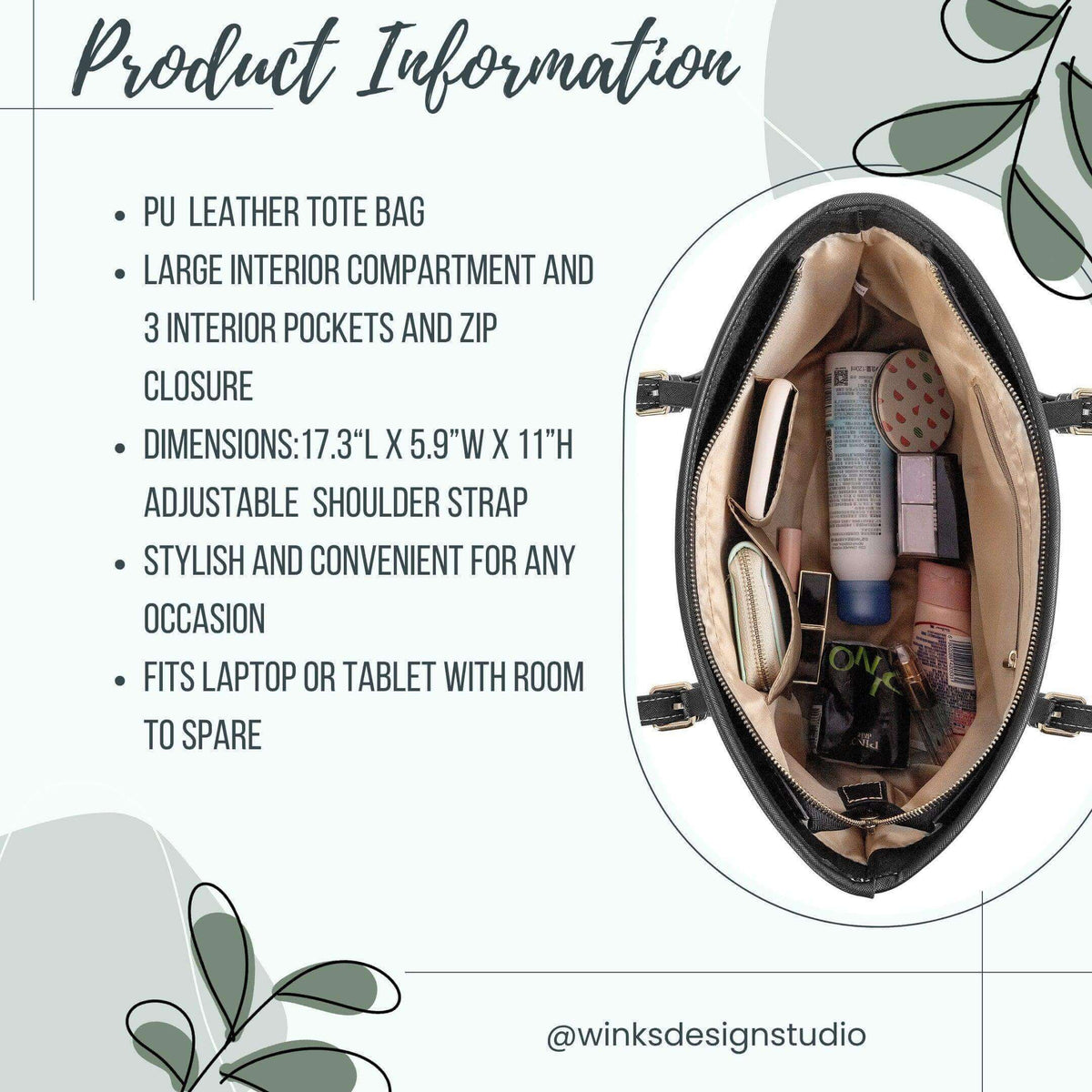 Eucalyptus leather tote bag by Winks Design Studio, LLC, featuring a spacious design and natural leather finish.