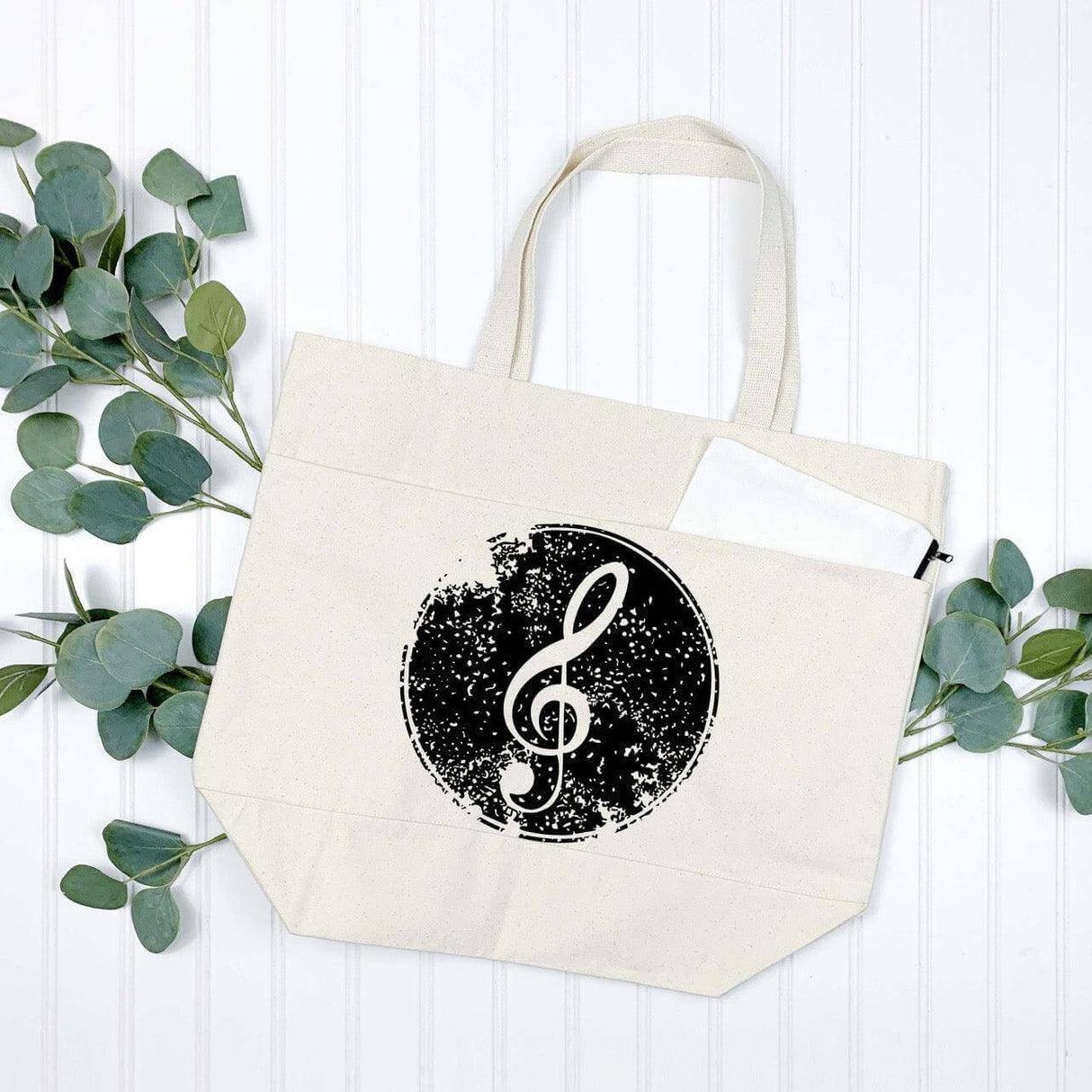 Treble Clef Cotton Canvas Tote Bag with Pockets - Winks Design Studio,LLC