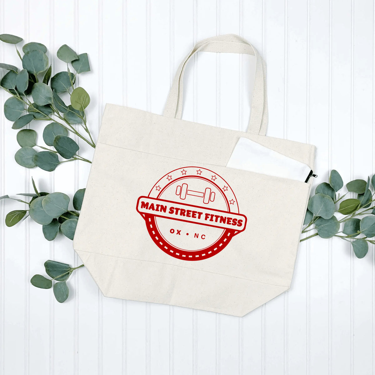 Winks Design Studio LLC Main Street Fitness Tote bag in natural color with multiple pockets for carrying essentials.