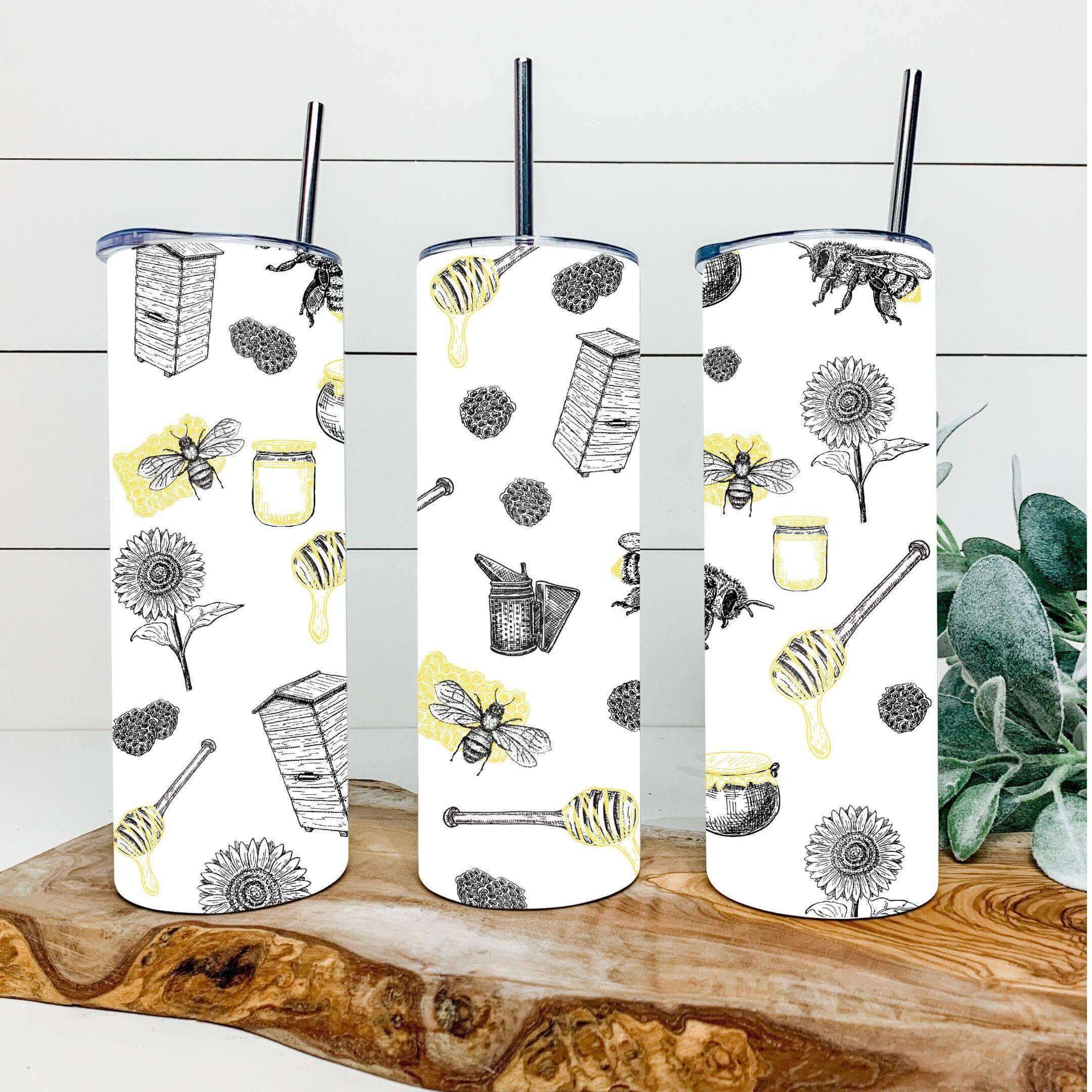 Winks Design Studio LLC Bee Keepers Tumbler with bee and floral design, stainless steel insulated drink tumbler for hot and cold beverages.