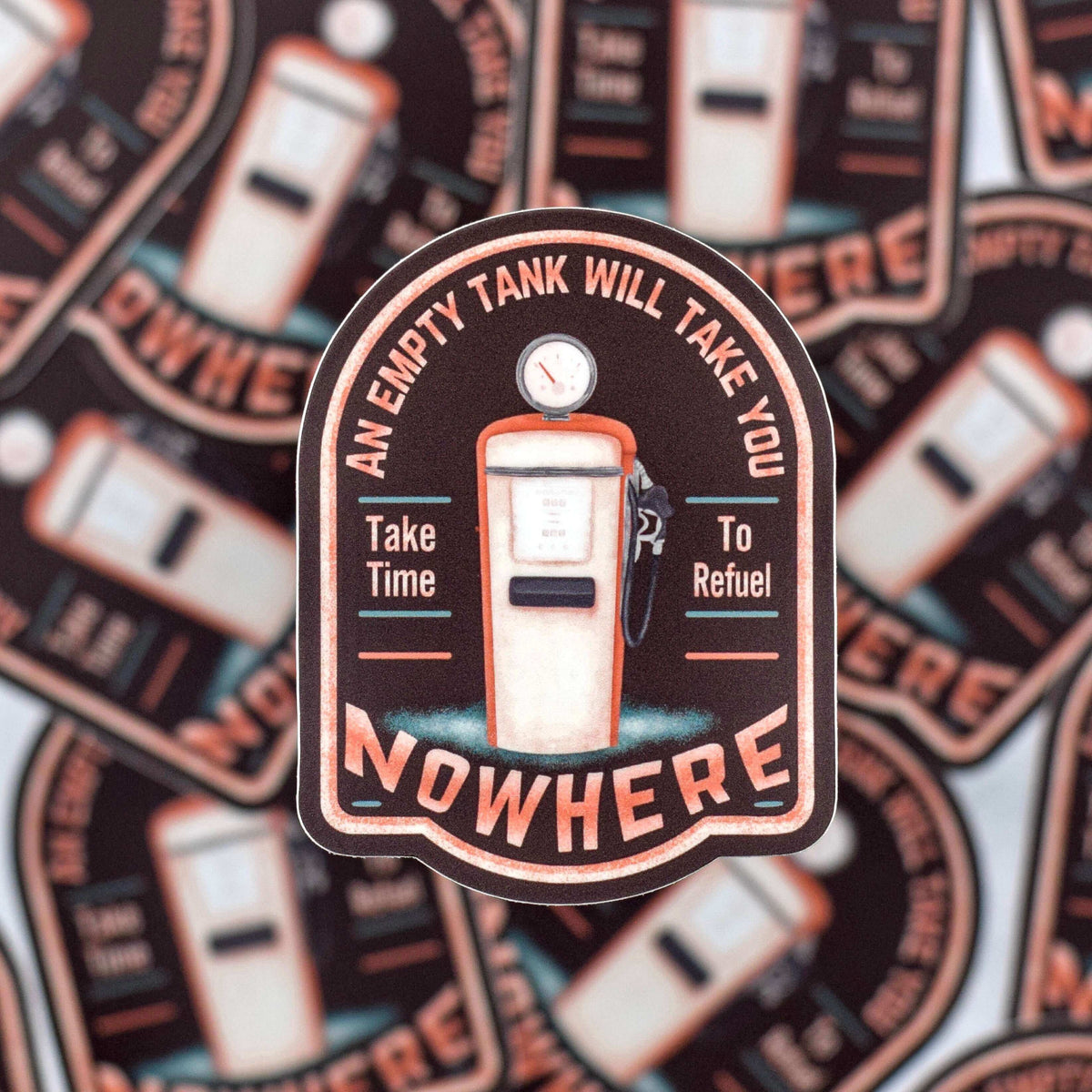 Empty tank vinyl sticker by Winks Design Studio LLC showing a tank silhouette with the phrase "Will Take You Nowhere" in bold black lettering.