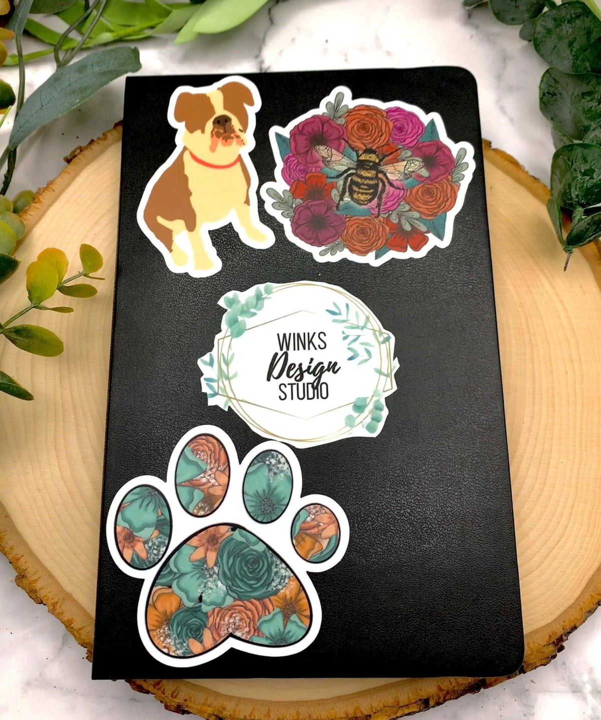 Dog-shaped Bulldog vinyl sticker by Winks Design Studio, LLC, featuring a realistic bulldog illustration on a clear background.
