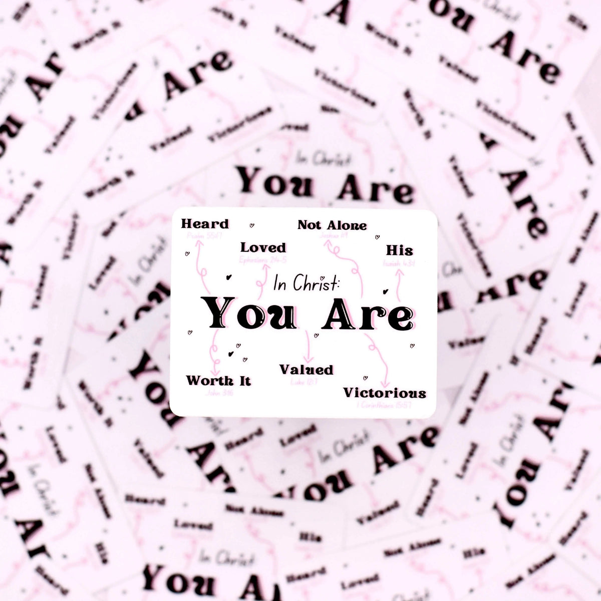 In Christ You Are vinyl sticker by Winks Design Studio, LLC, featuring uplifting text on a clear adhesive sticker.