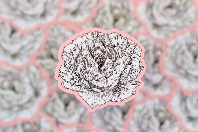Pink peony flower vinyl sticker from Winks Design Studio, LLC showing a detailed, vibrant pink peony blossom on a clear background.