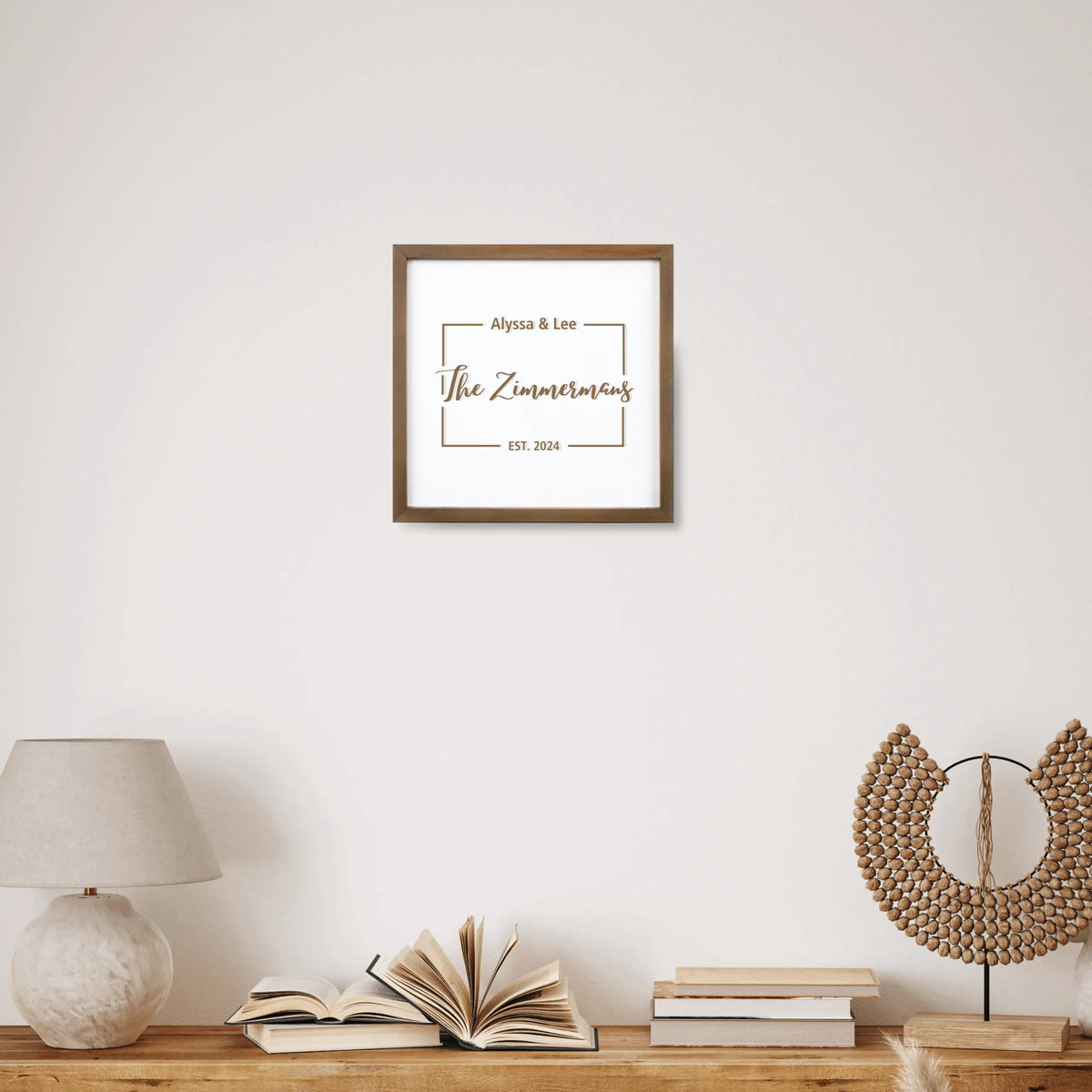 Custom last name sign wall art by Winks Design Studio, 11.85x11.85 inch brown and whitewash wood wall decor with personalized lettering
