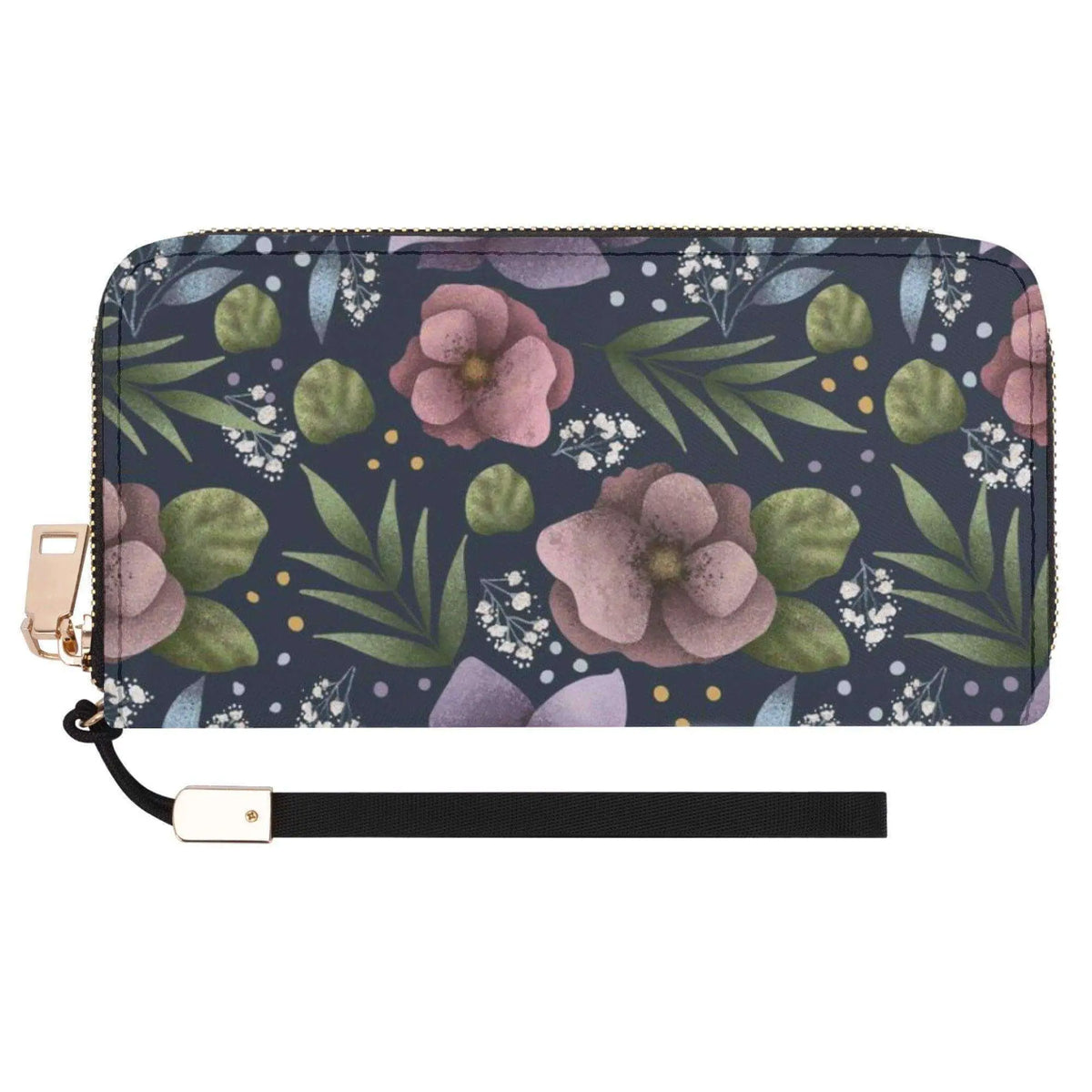 Blue Hydrangea Flower Clutch Zipper Wallet by Winks Design Studio, LLC, featuring a floral design and compact wallet style.