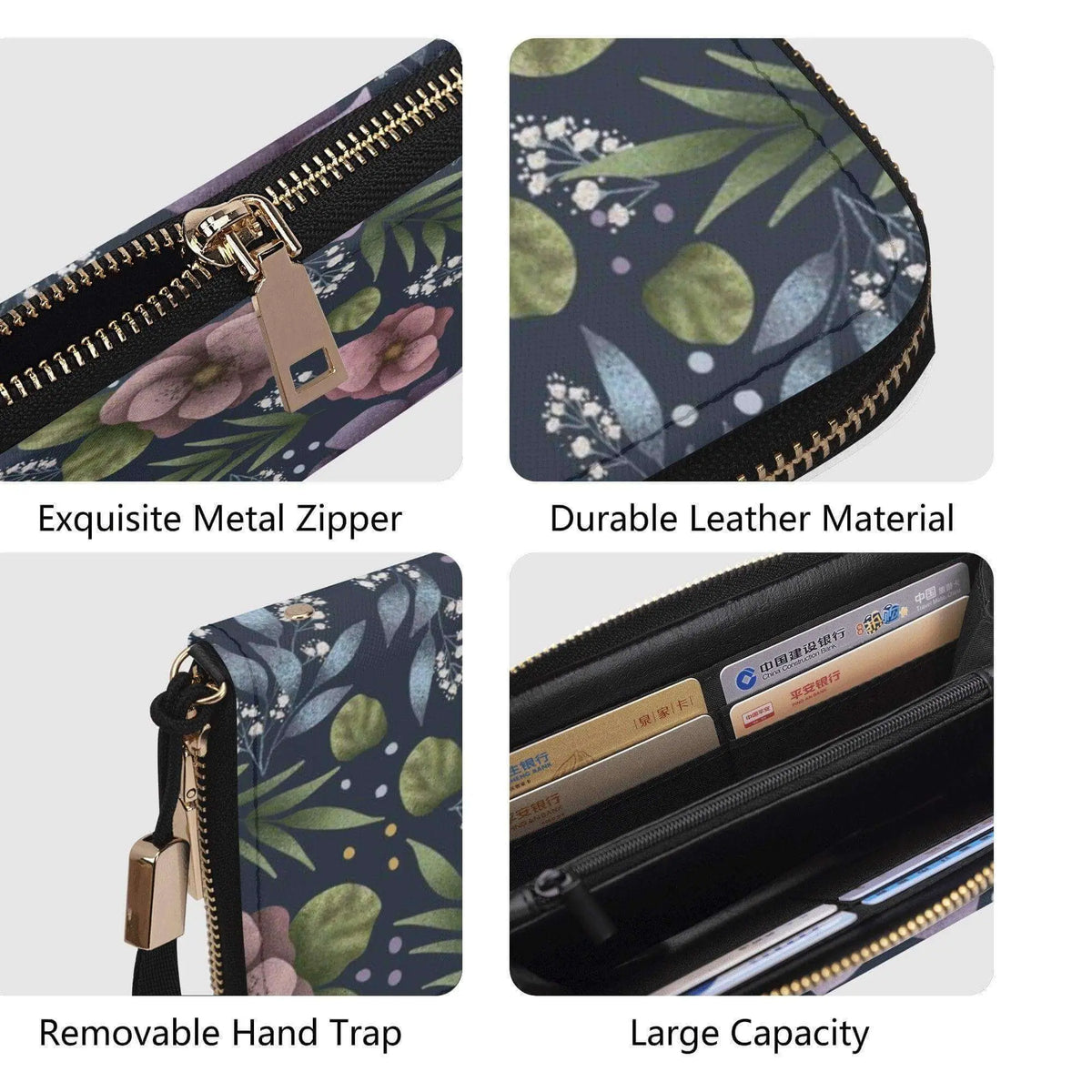 Blue hydrangea flower clutch zipper wallet by Winks Design Studio, LLC, featuring floral design and compact wallet style.