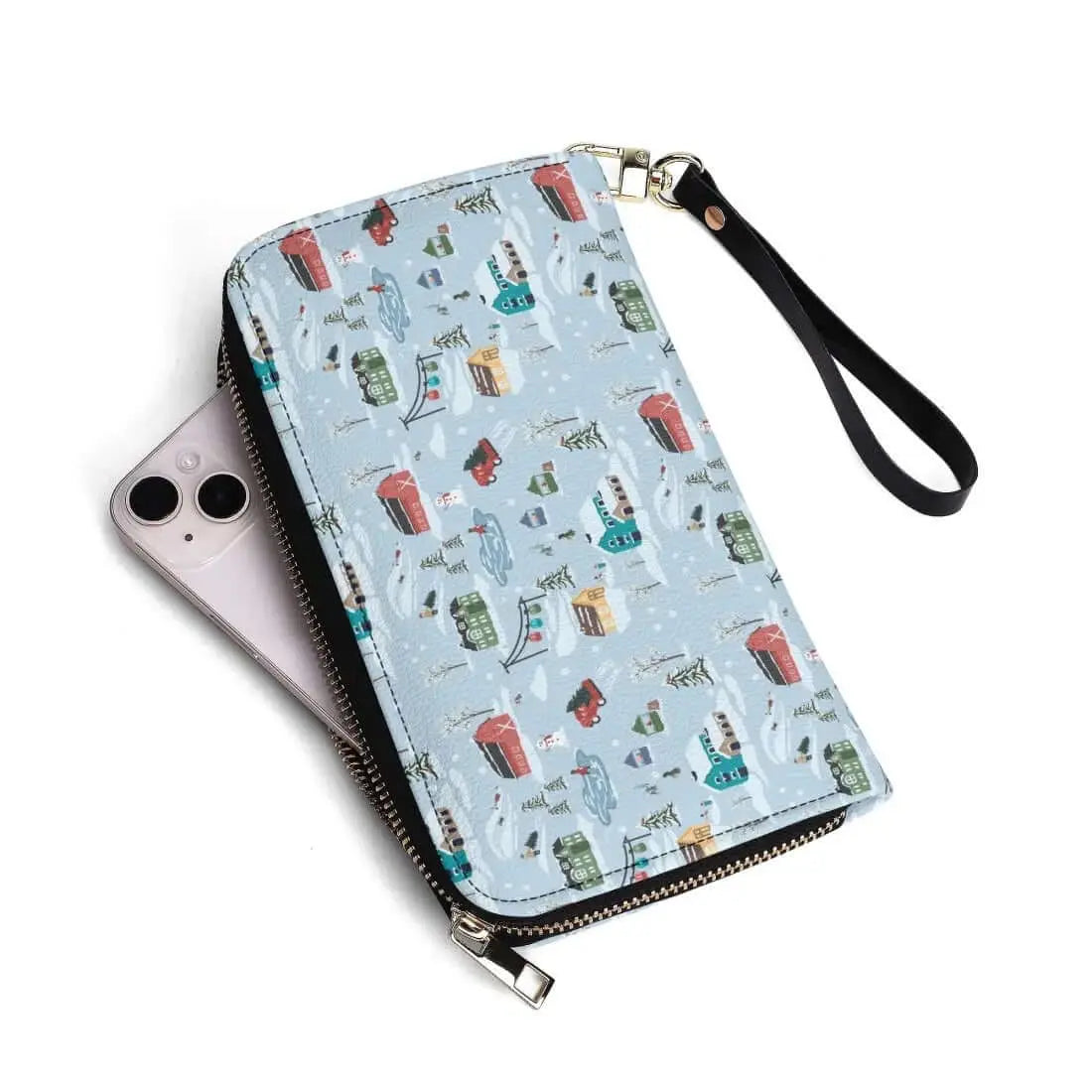 Winks Design Studio Christmas Village Wallet featuring festive holiday village illustration on a leather wallet.