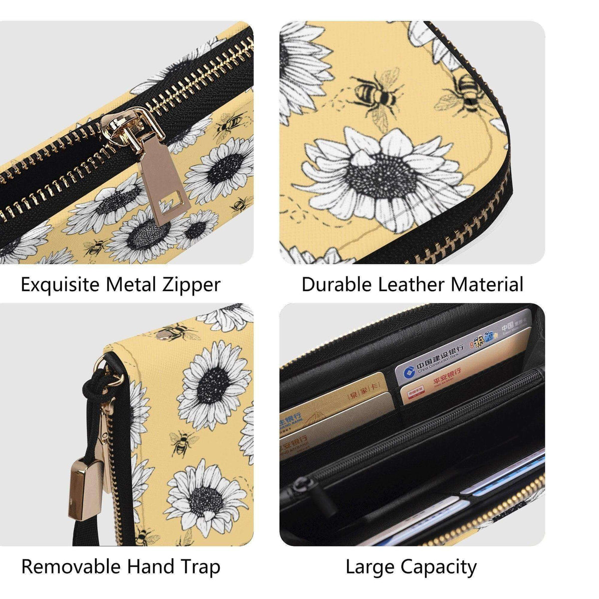 Sunflower casual clutch wallet by Winks Design Studio, LLC with a zippered closure and floral sunflower design.