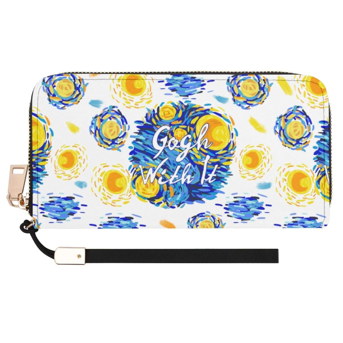 Van Gogh zippered wallet by Winks Design Studio, LLC featuring vibrant artwork and a secure zipper closure.