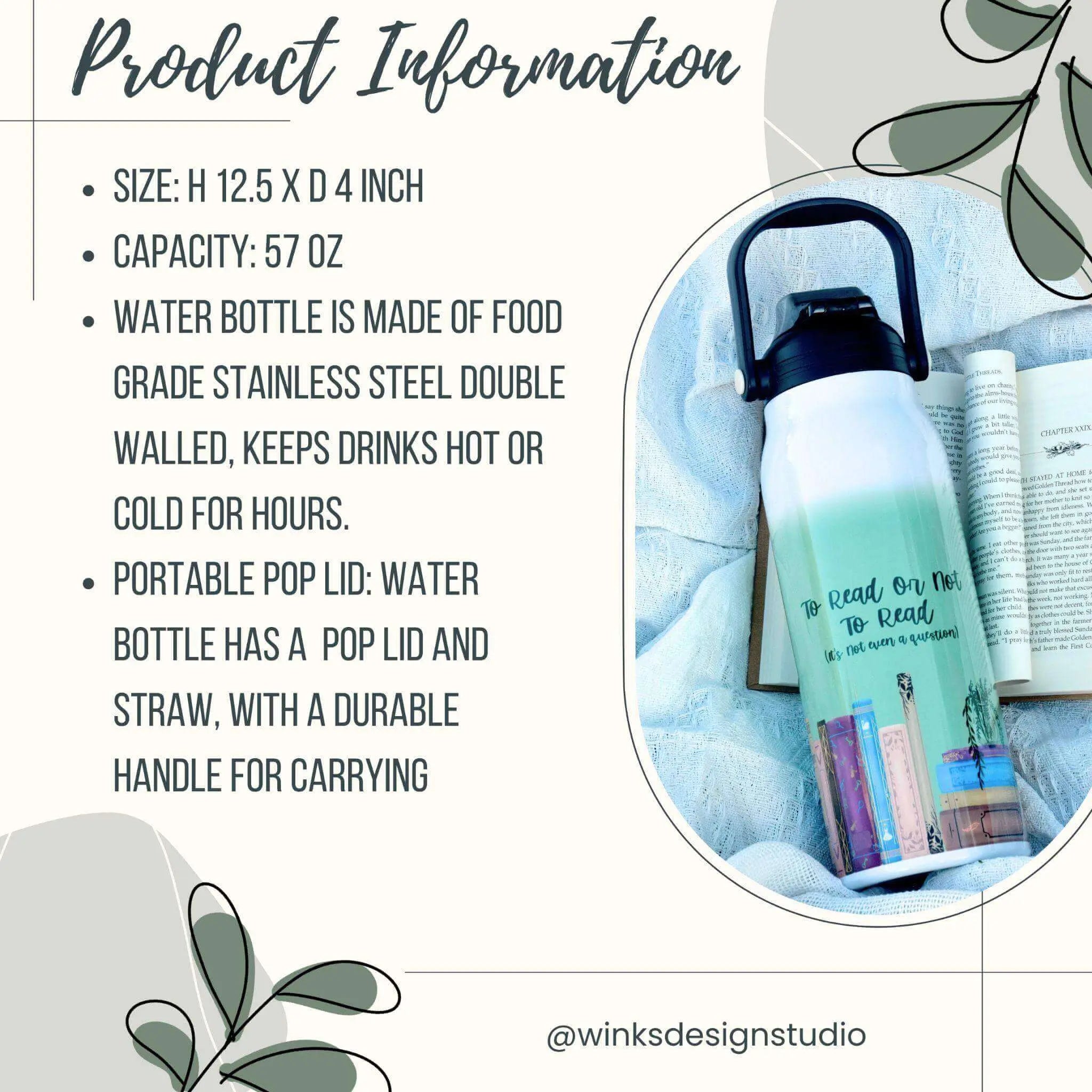 Winks Design Studio LLC SCBA 57oz water bottle, clear plastic with black lid, featuring a sleek, durable design for hydration.