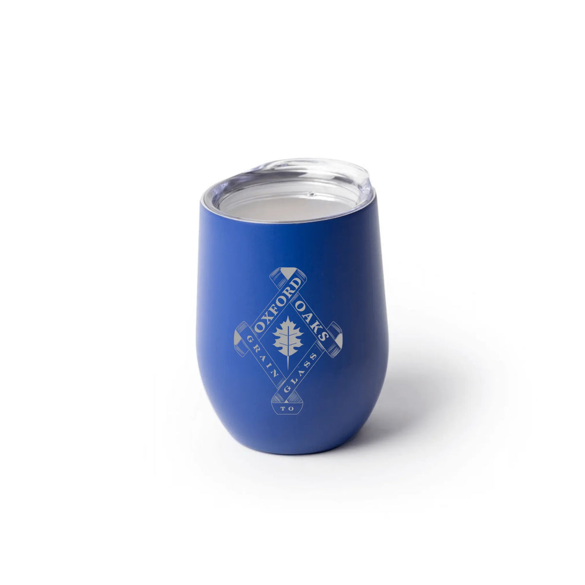 Stemless wine cup with Oxford Oaks Distillery logo, black finish, by Winks Design Studio, LLC, suitable for wine and casual use.