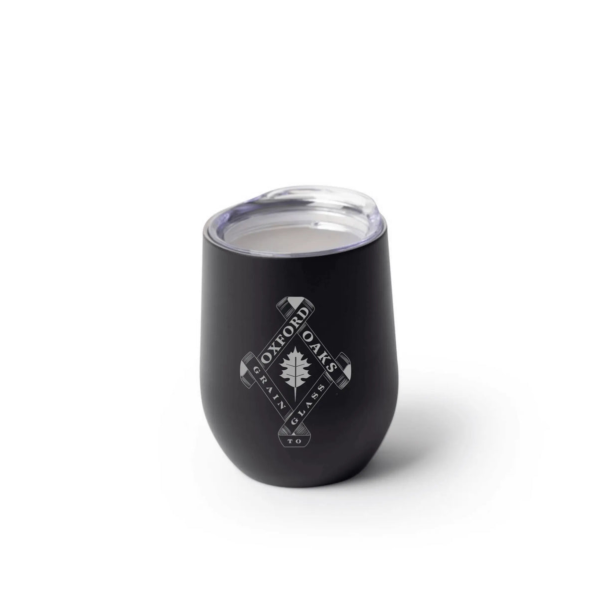 Black stemless wine cup featuring Oxford Oaks Distillery logo, made by Winks Design Studio, LLC, with a sleek, modern design.