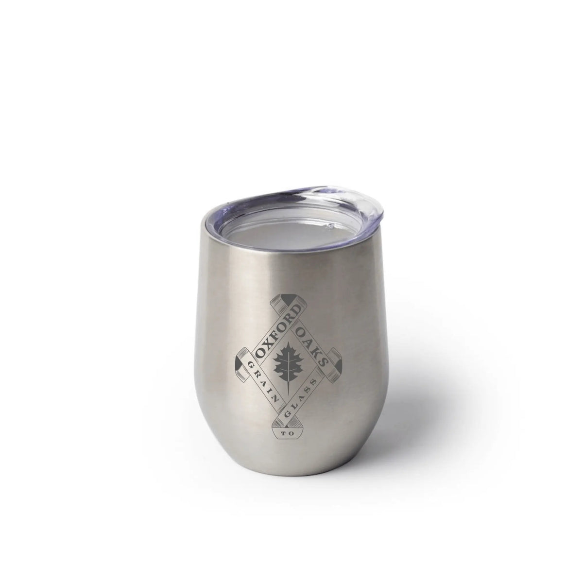 Stemless wine cup featuring Oxford Oaks Distillery logo, black design, made by Winks Design Studio, LLC.