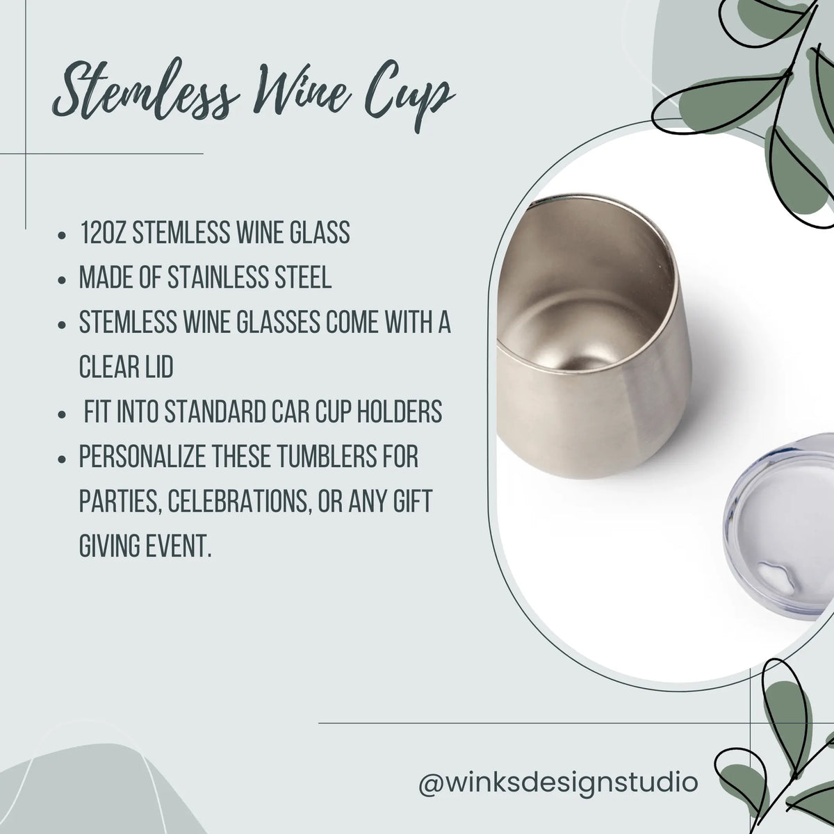Oxford Oaks Distillery stemless wine cup by Winks Design Studio with black logo, perfect for enjoying wine in style.
