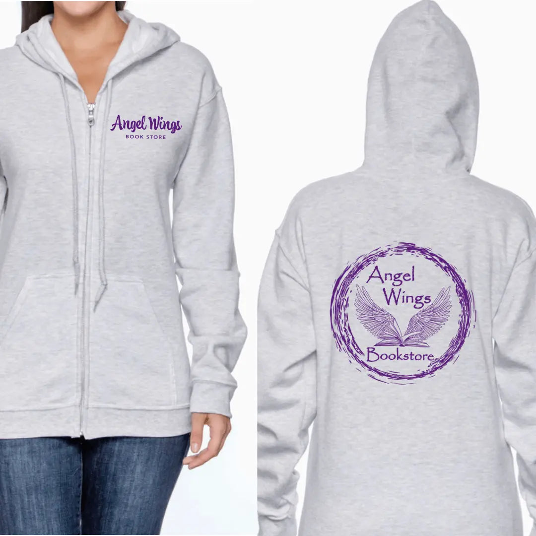 Ash gray Oxford Crokinole Club full zip hoodie from Winks Design Studio, LLC with angel wing and bookstore graphic, front view.