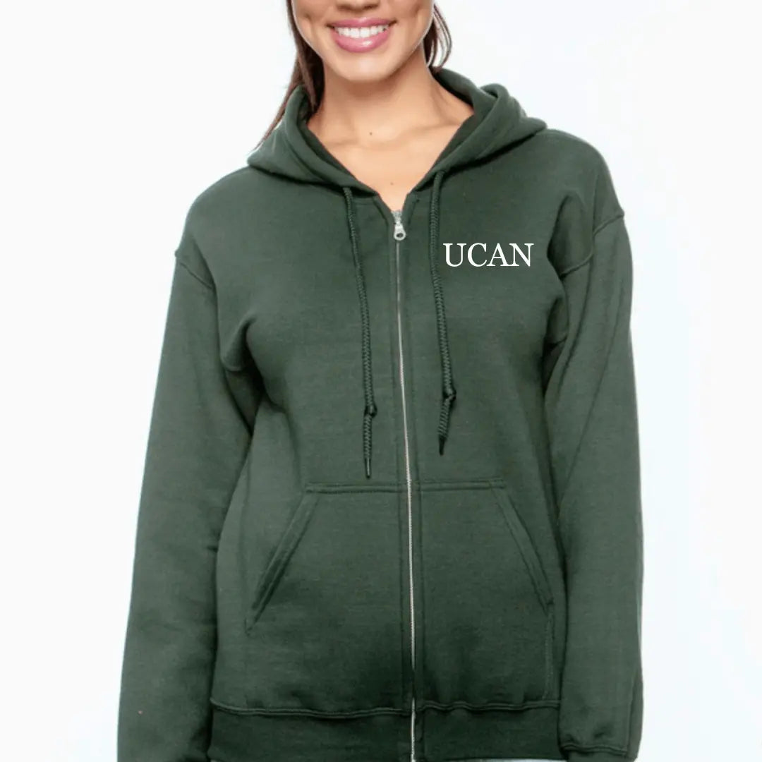 Brown UCAN full zip hoodie by Winks Design Studio, LLC, shown in a small size with front zipper and casual fit.