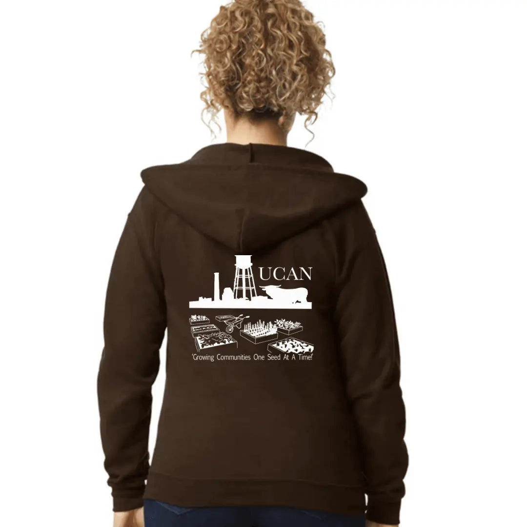 Brown UCAN full zip hoodie by Winks Design Studio, LLC, featuring a comfortable fit and casual style.