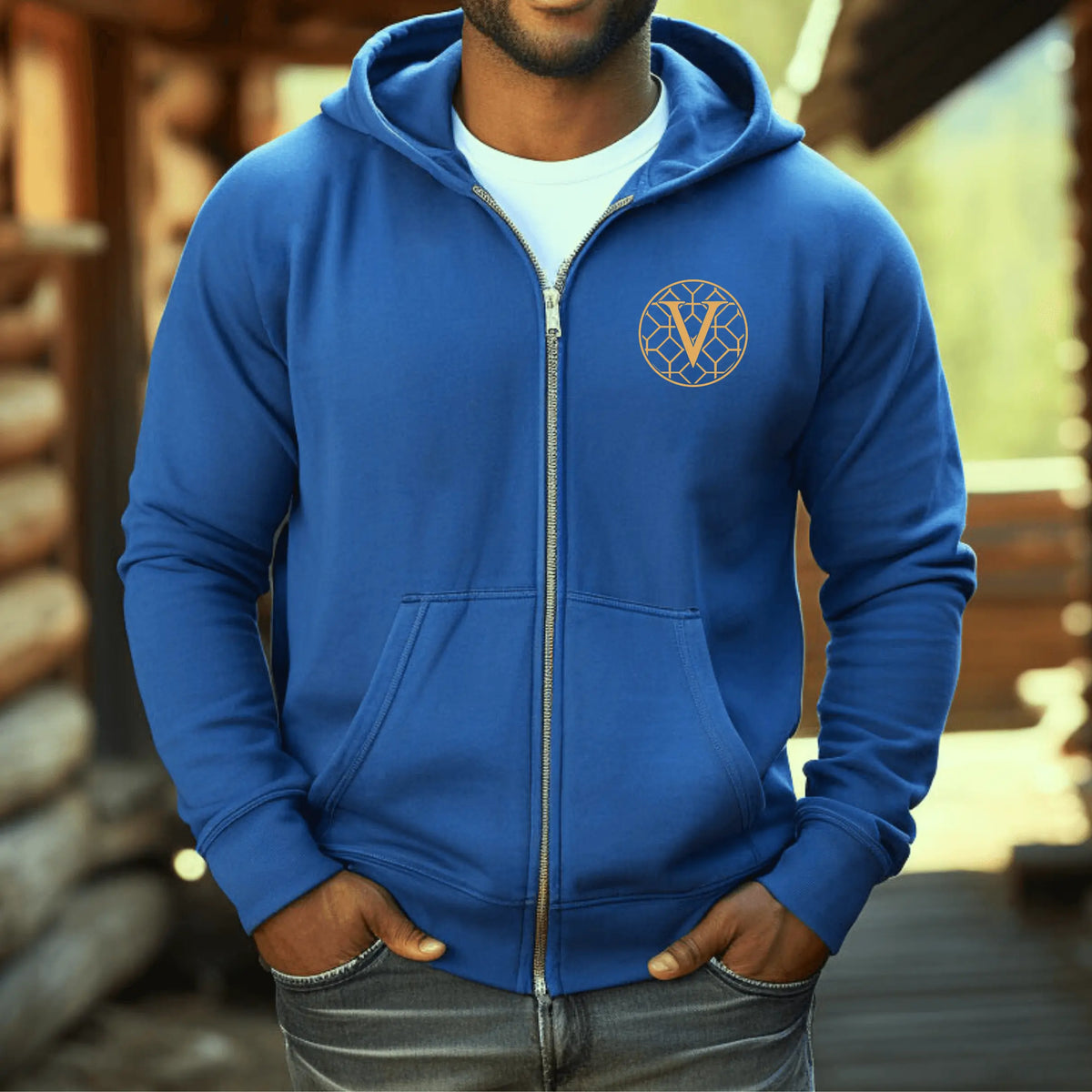 Royal blue Verdigris Zip Hoodie by Winks Design Studio, LLC, featuring a front zipper and casual style.